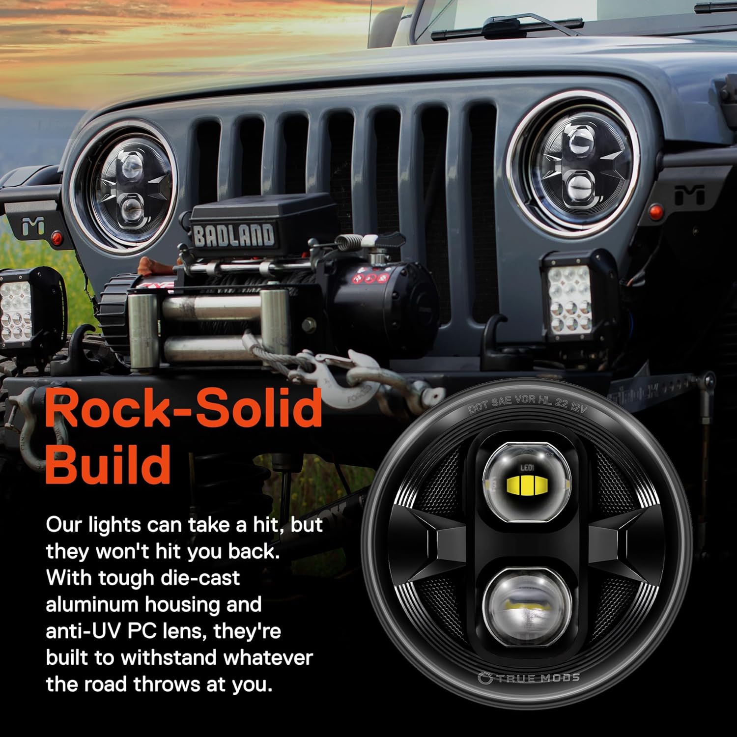 TRUE MODS 7 Inch LED Headlights Round [DOT-Approved] H6024 2d1 Black High Low Sealed Beam Replacement for Jeep Wrangler JK JKU TJ LJ CJ Chevy Ford GMC Dodge TOYOTA Hummer Land Rover Mazda Nissan VW