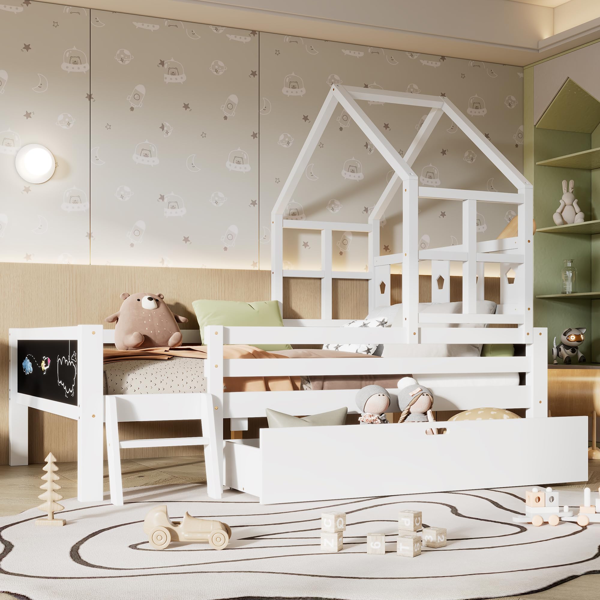 Merax Twin Size House Bed with 2 Side Blackboard and Small Ladder, Twin Bed Frame with Large Drawer, Solid Wood Platfrom Bedframe, Wood Slat Support, No Box Spring Needed, White