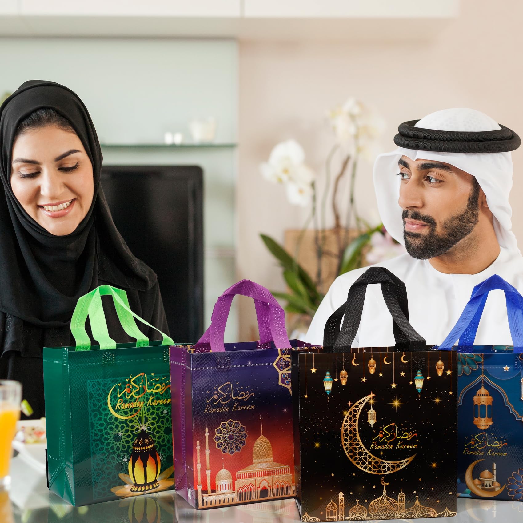 Ramadan Gift Bags, 8Pcs Medium Size Bulk Ramadan Mubarak Bags for Gifts, Reusable Non-Woven Eid Goodie Bag with Handles Treat Bag Perfect for Kareem Eid Mubarak Gift Wrap Goody Party Favor Supplies