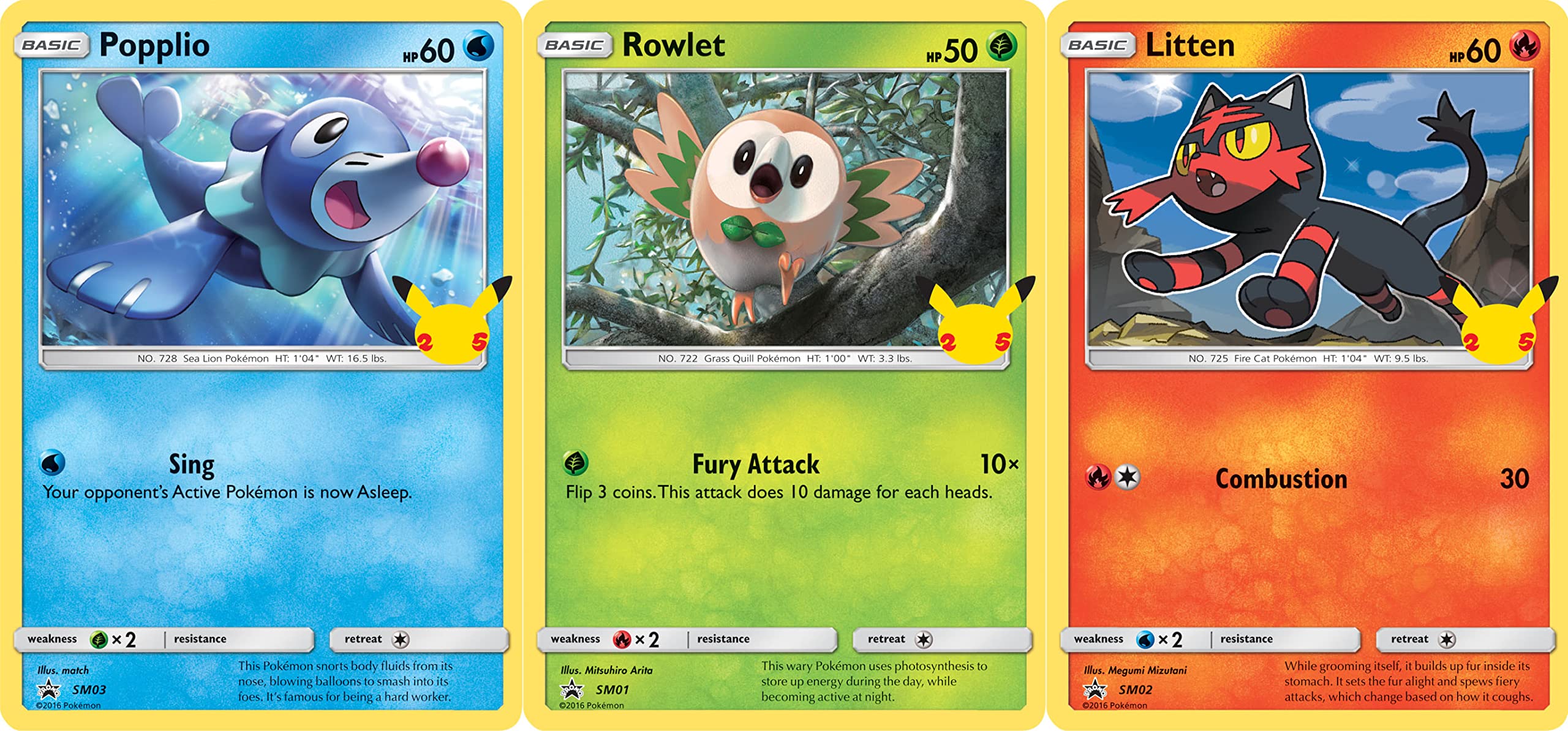 Amazon.com: Pokemon First Partners Jumbo Card Lot - (Alola) (Rowlet,  Litten, Popplio) - 25th Celebrations : Toys & Games