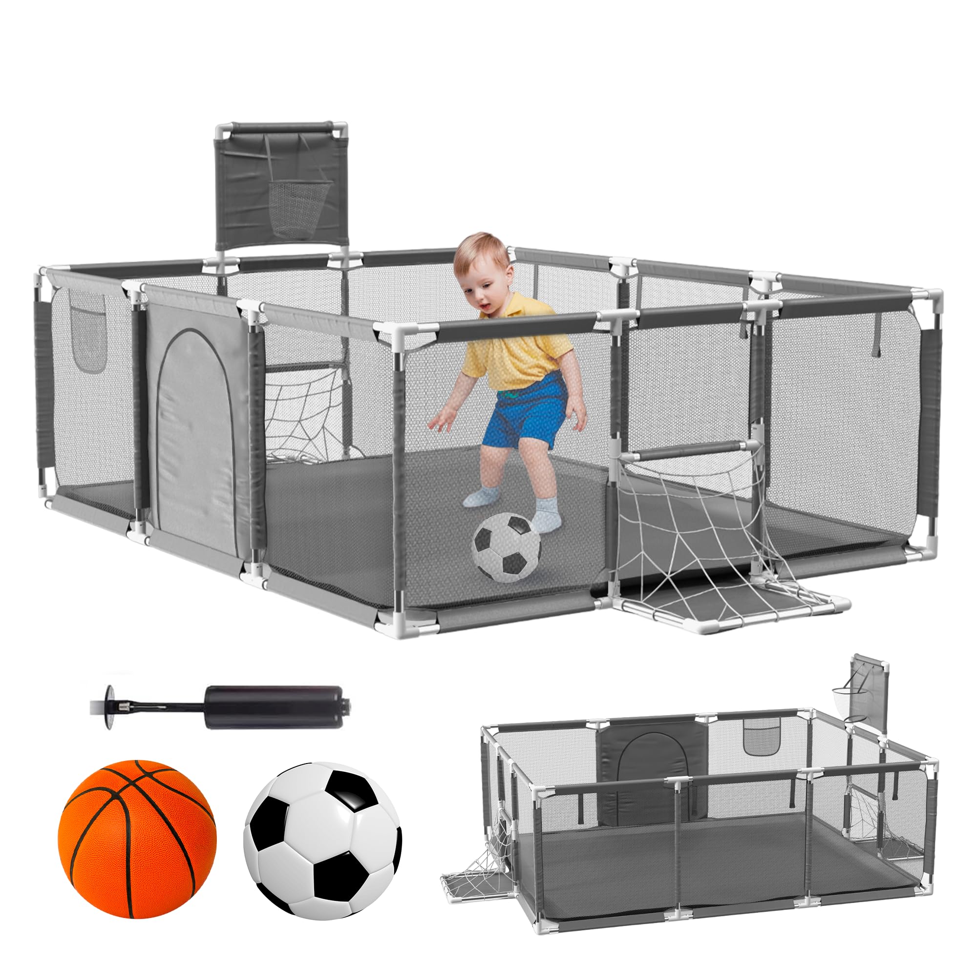 Parque Infantil Bebe + Pelota de Fútbol y Baloncesto - Corralito Plegable 180 x 120 x 60cm - Parque de Juegos Con Malla Transpirable - Centro de Actividades Gimnasio Parque Cuna Gris