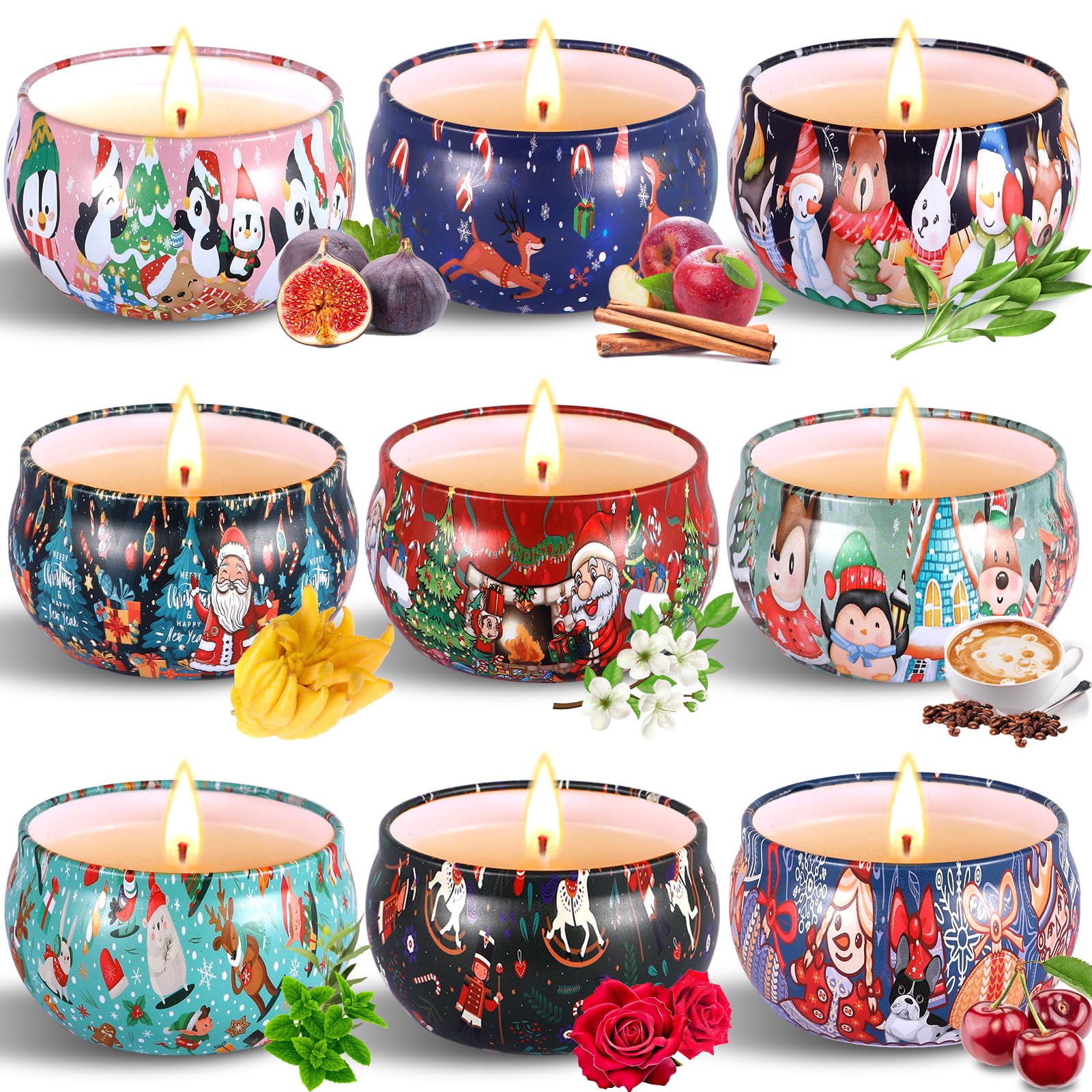 Duftkerzen Geschenkset Christmas Scented Candle Set Aromatherapiekerzen 2.5oz Natürliches Sojawachs Aroma Kerze Mit Tragbare in Dose für Weihnachten GeburtstagsgeschenkBad/Yoga neu (9)