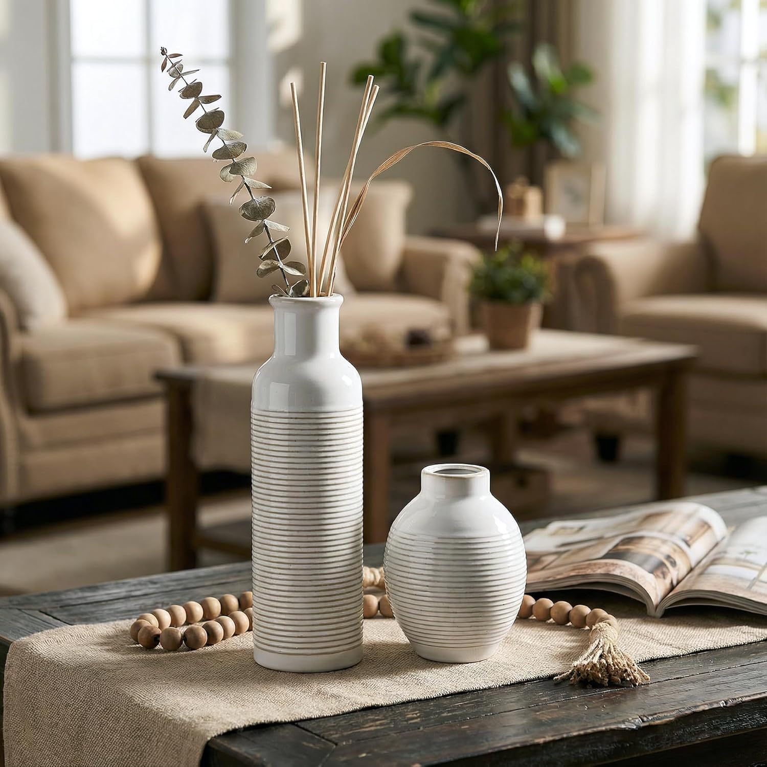 Rustic Farmhouse Vase Set of 3 - Ceramic Decorative Modern Flowers Vases Home Decor - Pampas Grass Dried Fresh Flowers - for Centerpiece, Table, Mantel Entryway, Living Room, Kitchen, Bedroom - Image 6