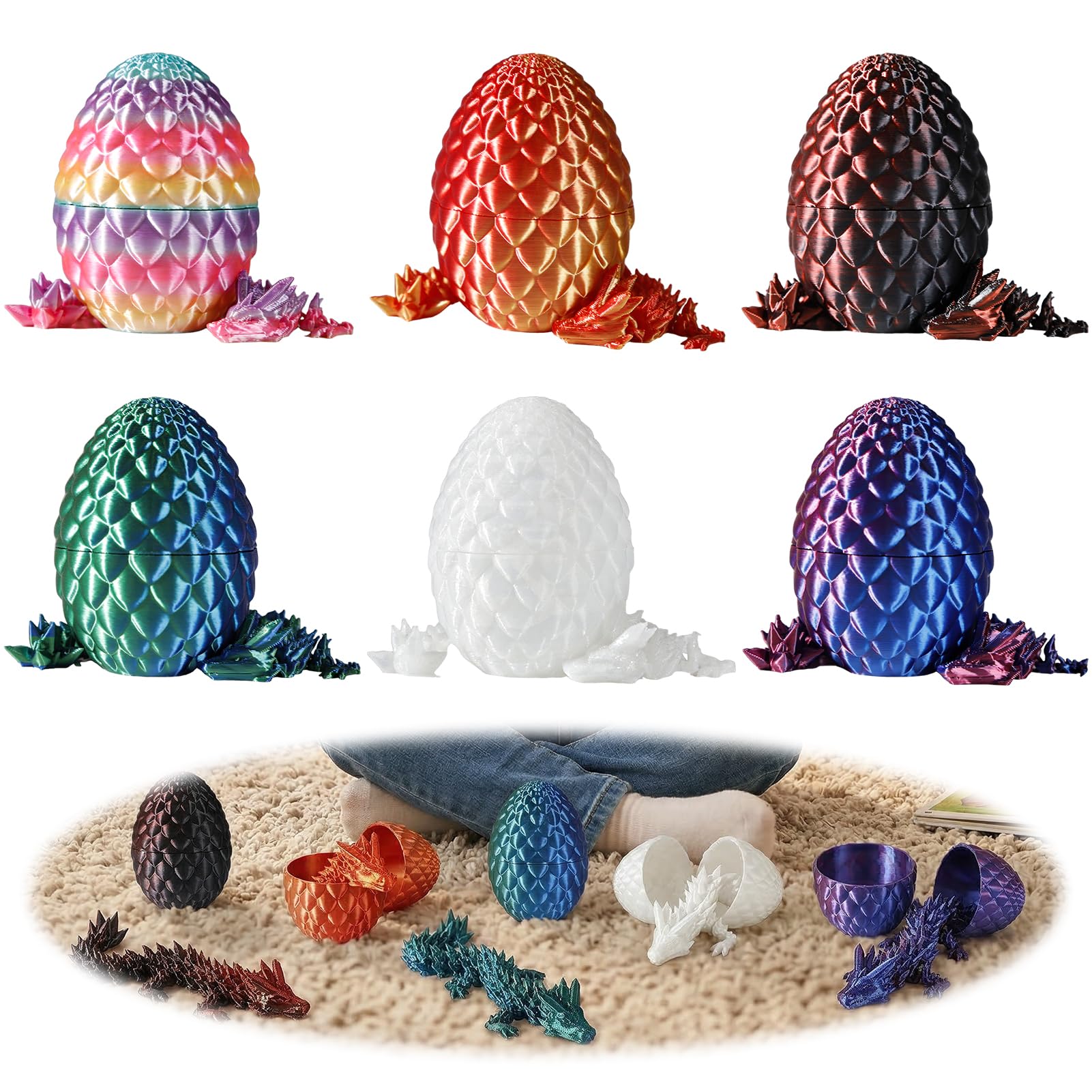 3D Printed Articulated Dragon with Egg Set of 6, Fidget Joint Toy with Flexible Joints, Crystal Fantasy Collectible Decor
