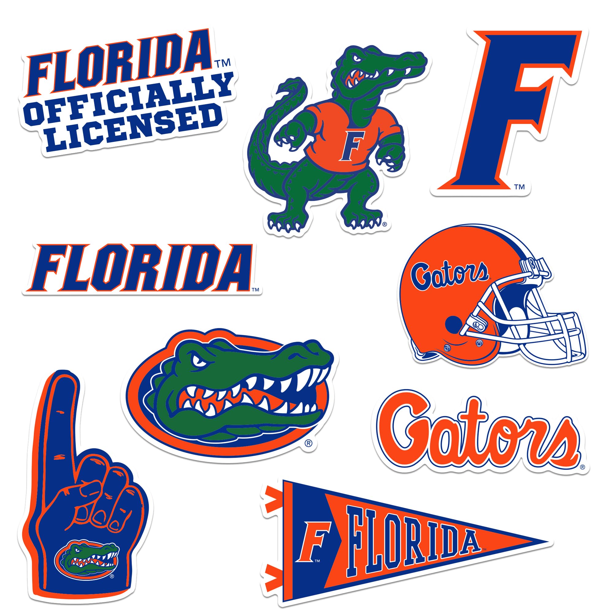 University of Florida Gators Primary Logo Vinyl Sticker Pack – 9 Waterproof Die‑Cut Decals with Gator Mascot, Team Logos &amp; Collegiate Graphics for Laptop, Water Bottle &amp; Suitcase