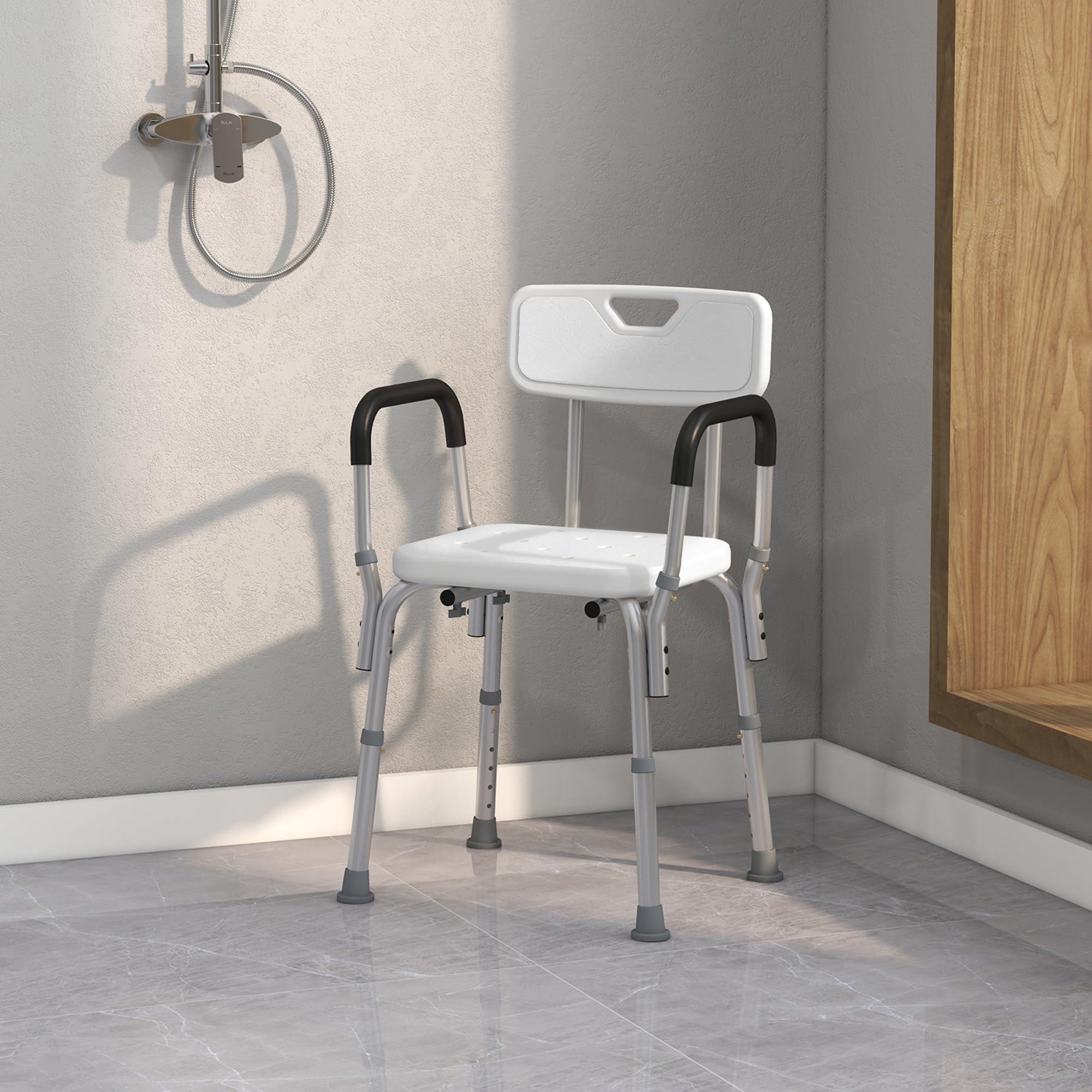 HOMCOM Silla Ducha Personas Mayores Antideslizante con Altura Ajustable | Taburete Ducha, Reposabrazos Regulable, Carga 136 kg, Ancianos Discapacitados, Silla para Baño