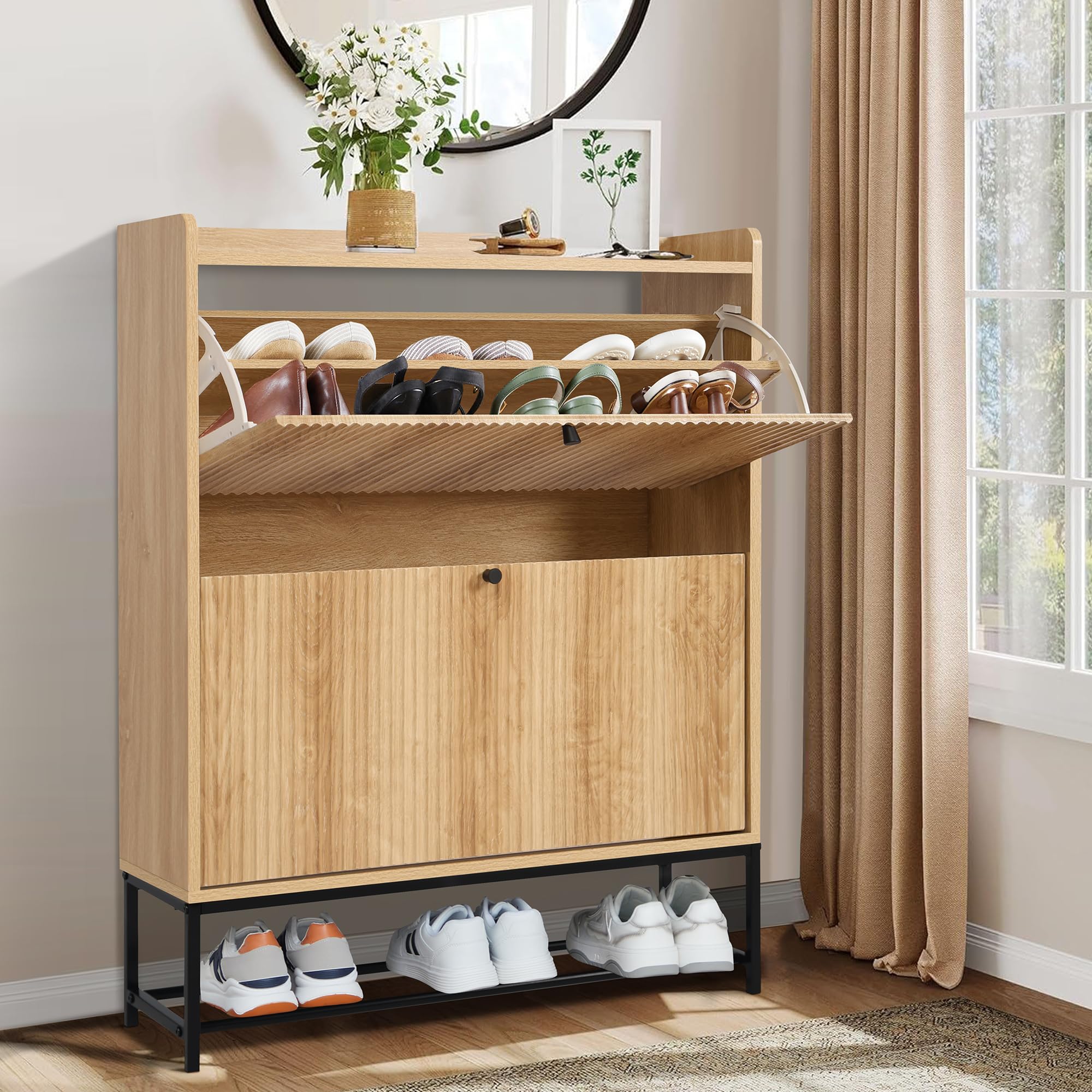 Pattern Shoe Cabinet - Organizador de almacenamiento de doble capa, doble puerta, diseño moderno y duradero con estantes ajustables