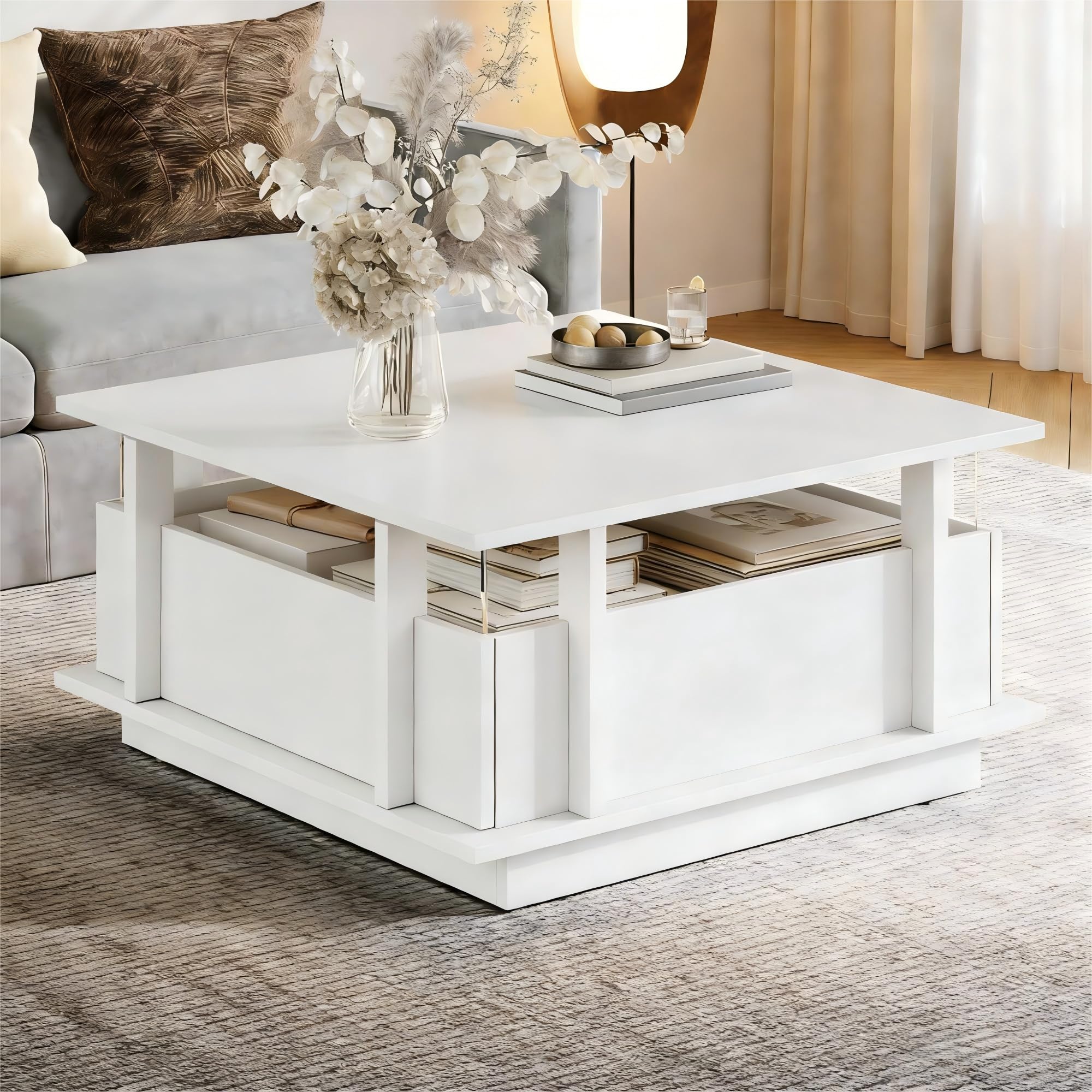 Mesa de centro blanca anti manchas con cajones y luces LED Homgoday