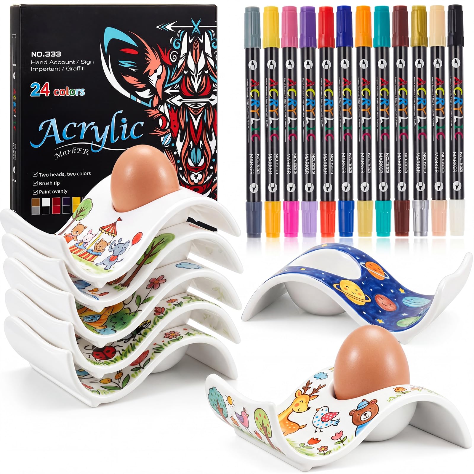 Sinmoe 6 Coquetier Oeuf en Ceramique Peindre Votre Propr Coquetier avec 12 Pièces 24 Couleurs Stylo en Porcelaine et Boîte de Cadeau Support pour Œuf à la Coque pour DIY Cadeau Pâques Anniversaire