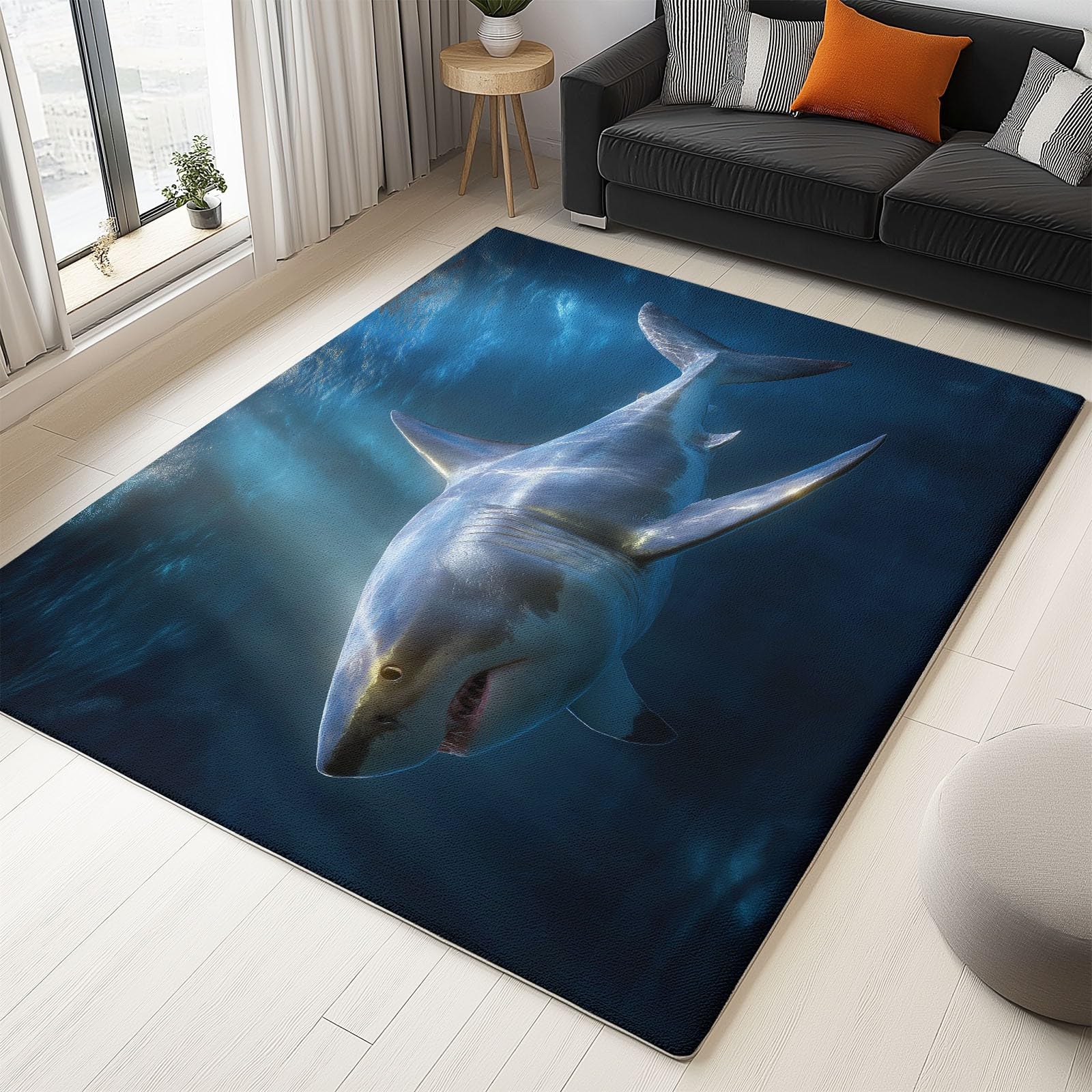 Tapis de couloir antidérapant et lavable motif requin 3D pour chambre