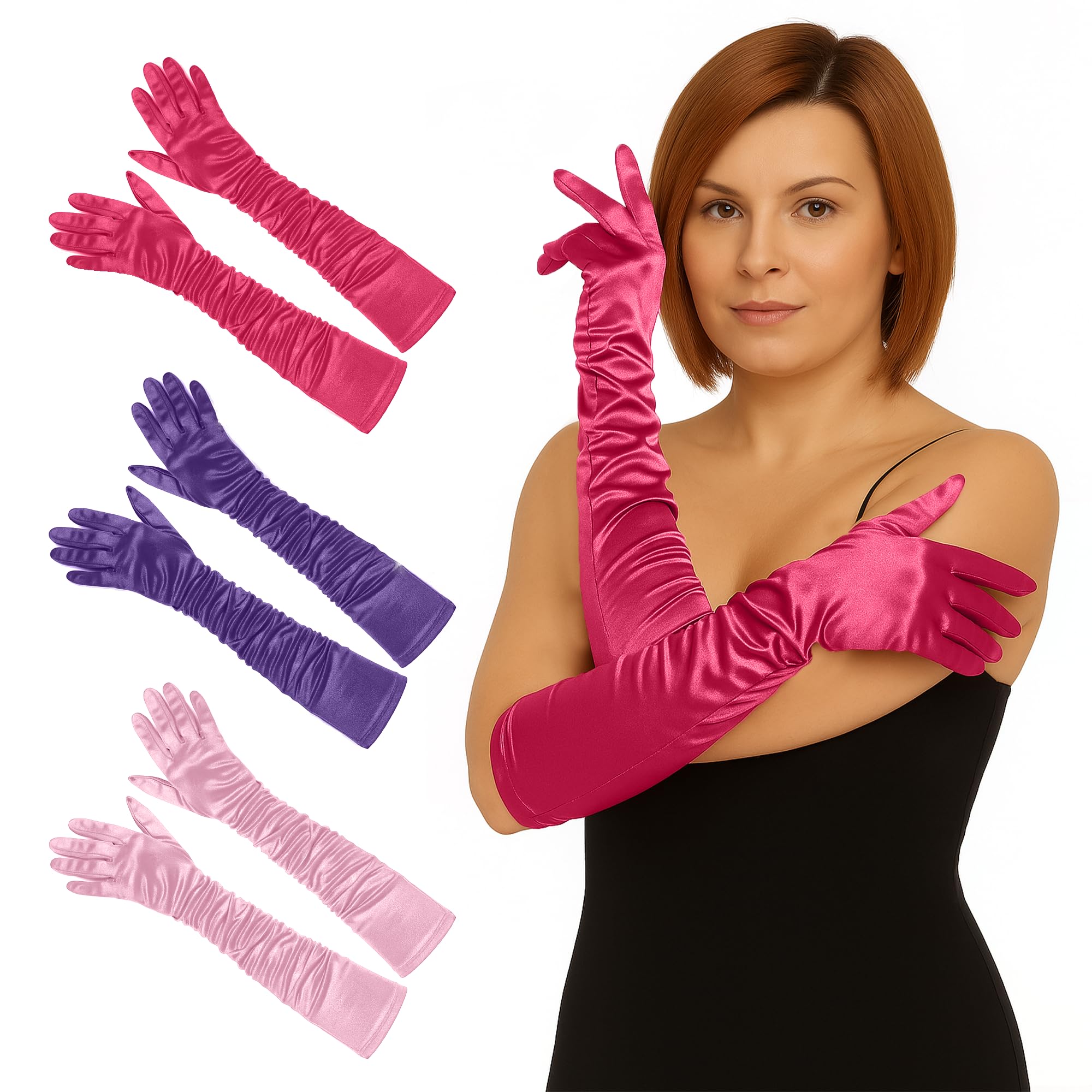 Womens Long Satin Gloves - Elbow Length Bridal Ruched Fancy Dress Wedding Evening Party Opera Gloves For Women UK, Light Pink, Purple, Raspberry