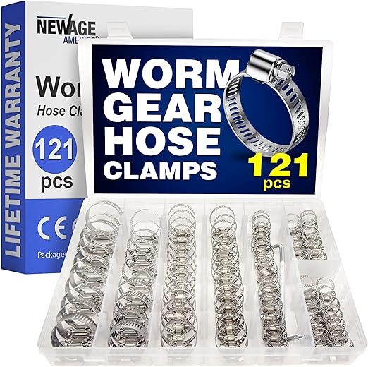 New Age America® 121pcs Worm Gear Hose Clamps Assortment & Tool | 7 Sizes | Adjustable 1/4" to 1-1/2" (6-38mm) | 304 Stainless Steel | Small Hose Presses | Fuel Line Hose Grips | Engraved