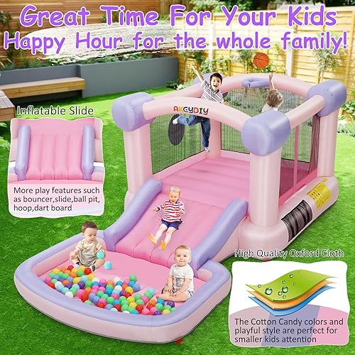 Miniatura 4 de AKEYDIY Casa de rebote inflable para niños con soplador incluido, casa de juegos para interiores y exteriores, casa de salto de macarrón rosa para