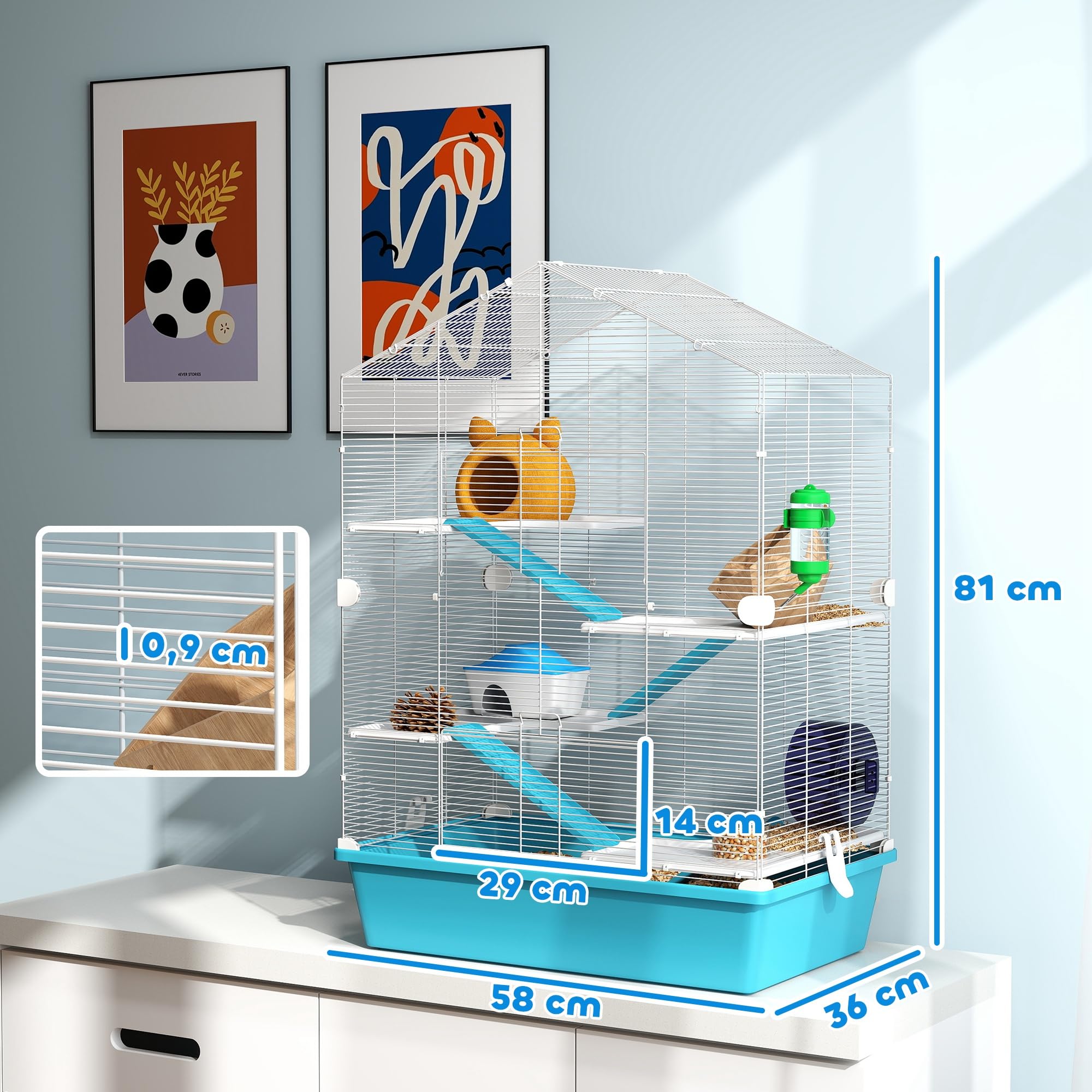 PawHut Jaula para Hámster de 5 Niveles Casa para Animales Pequeños con Plataformas Cuenco Bebedero Casita Rampas y Rueda de Ejercicio 58x36x81 cm Azul Claro