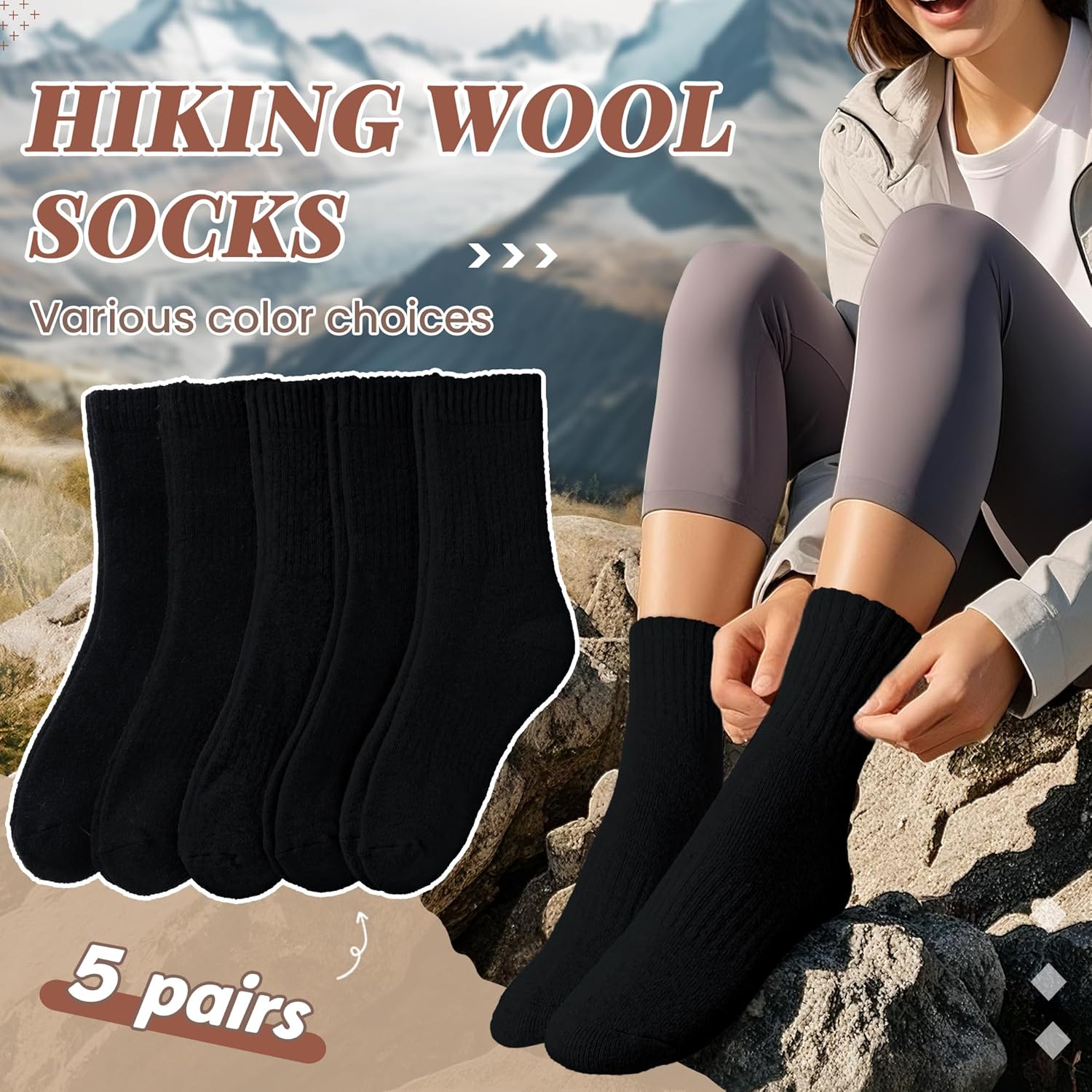 Merino Wool Socks For Women Hiking Winter Boot Thermal Warm Thick Cozy Work Crew Socks 5 Pairs - Image 2