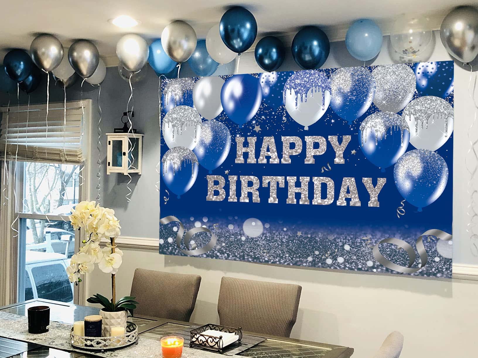 Personalizzato blu navy Happy Birthday Party Sfondo argento glitter palloncini Sfondo Boy Donne Aldult Banner Photo Booth 240X180cm