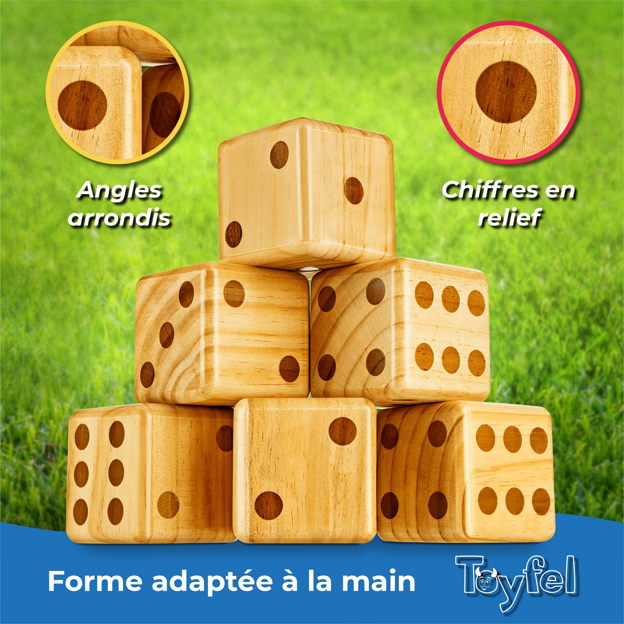 Toyfel Jeu de dés XXL Bois de pin FSC® intérieur et extérieur Enfants | géants 9cm 6 avec seau pliant pliable tableau à points lavable et crayon inclus de Certifié Adultes stylo inklapbare Chuck