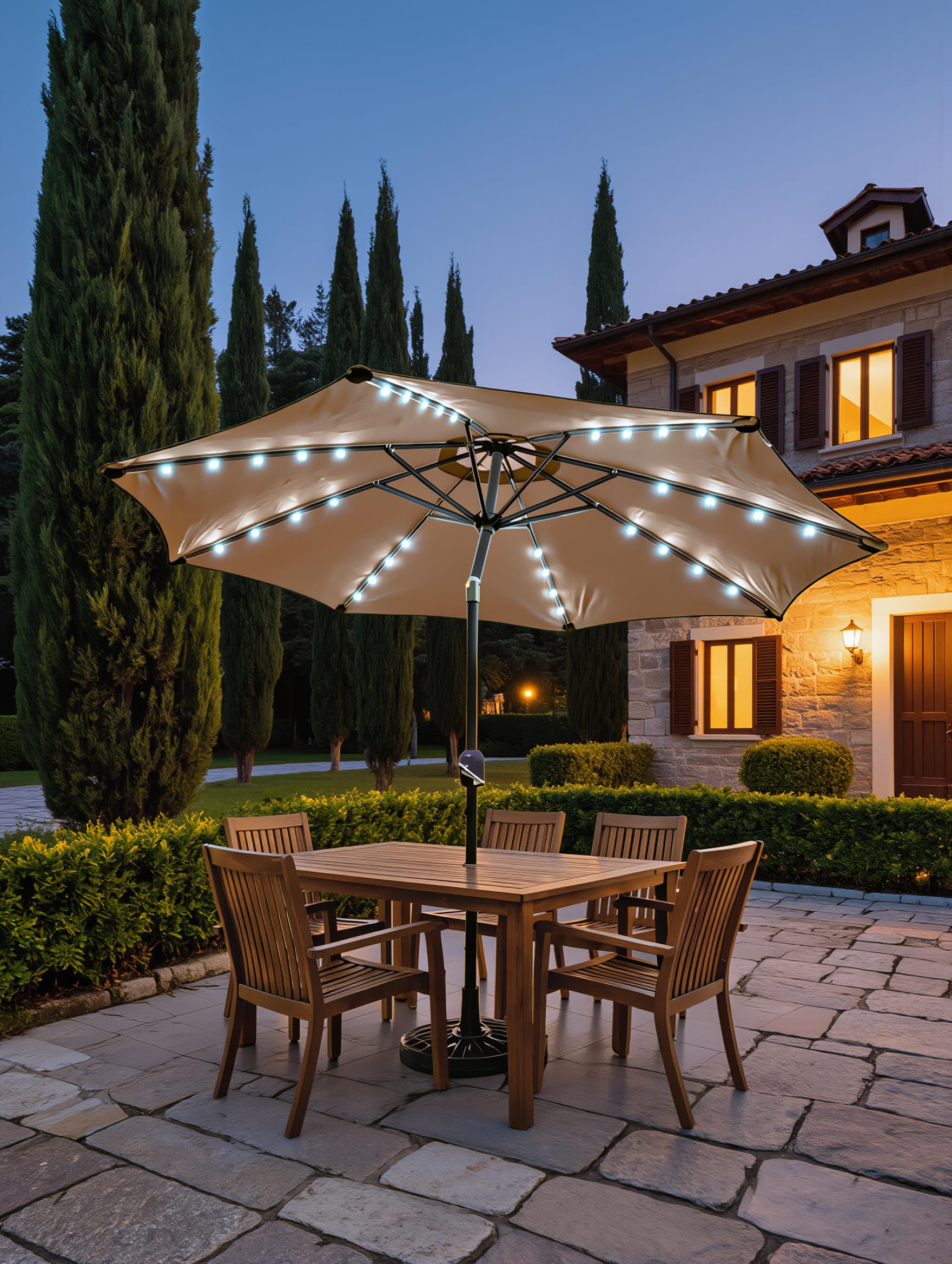 Ombrellone da Giardino BALì 3 Metri Inclinabile con Luci LED Solari Integrate – Protezione UV80+ – Apertura a Manovella Push-Button – Struttura Acciaio Verniciato – Parasole Terrazzo Piscina Dehors
