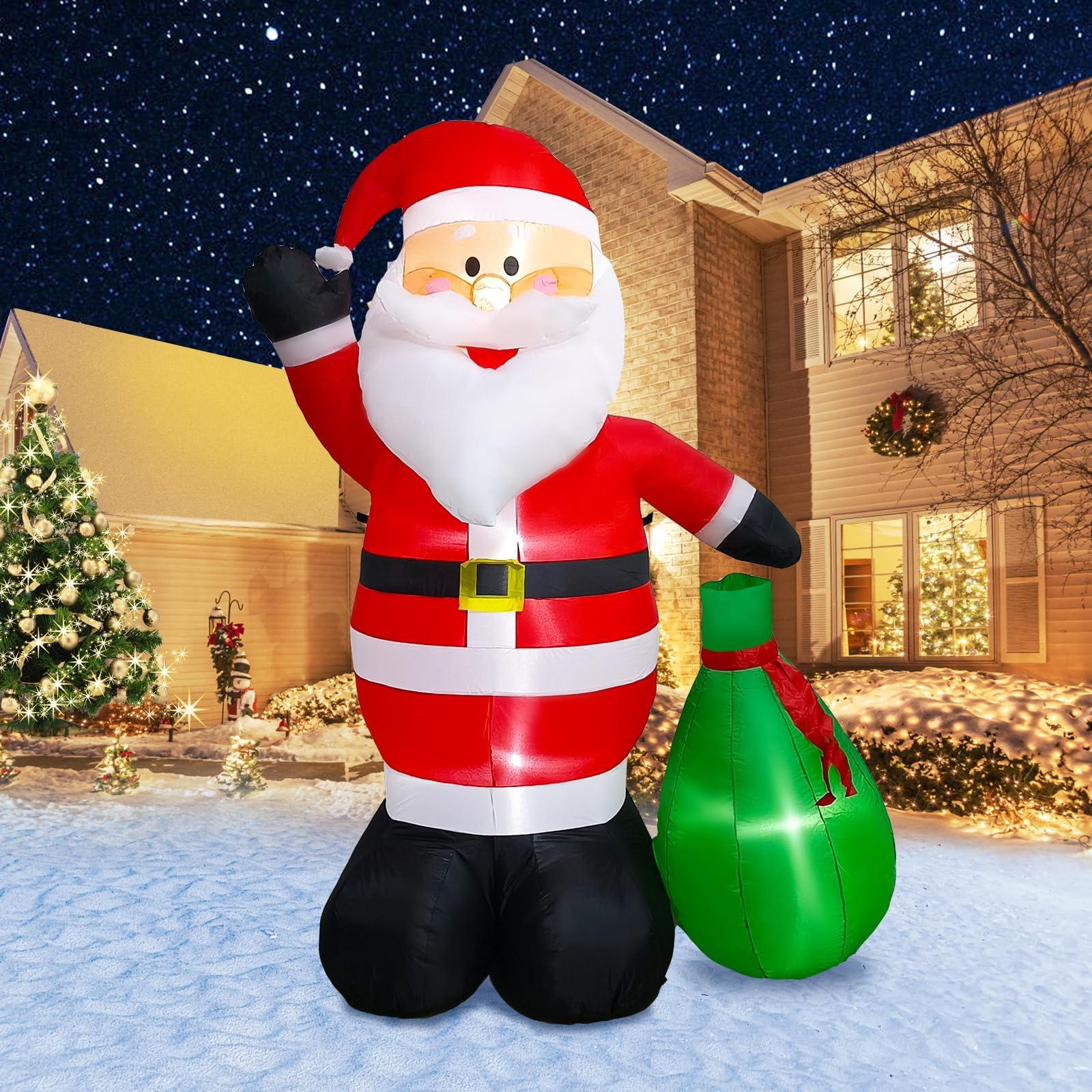 6FT (180CM) Gonfiabili di Natale Babbo Natale con Sacchetto Regalo, Babbo Natale Gonfiabile Integrato 4 Luci LED Luminose per Decorazioni Gonfiabili per Esterni da Giardino di Natale
