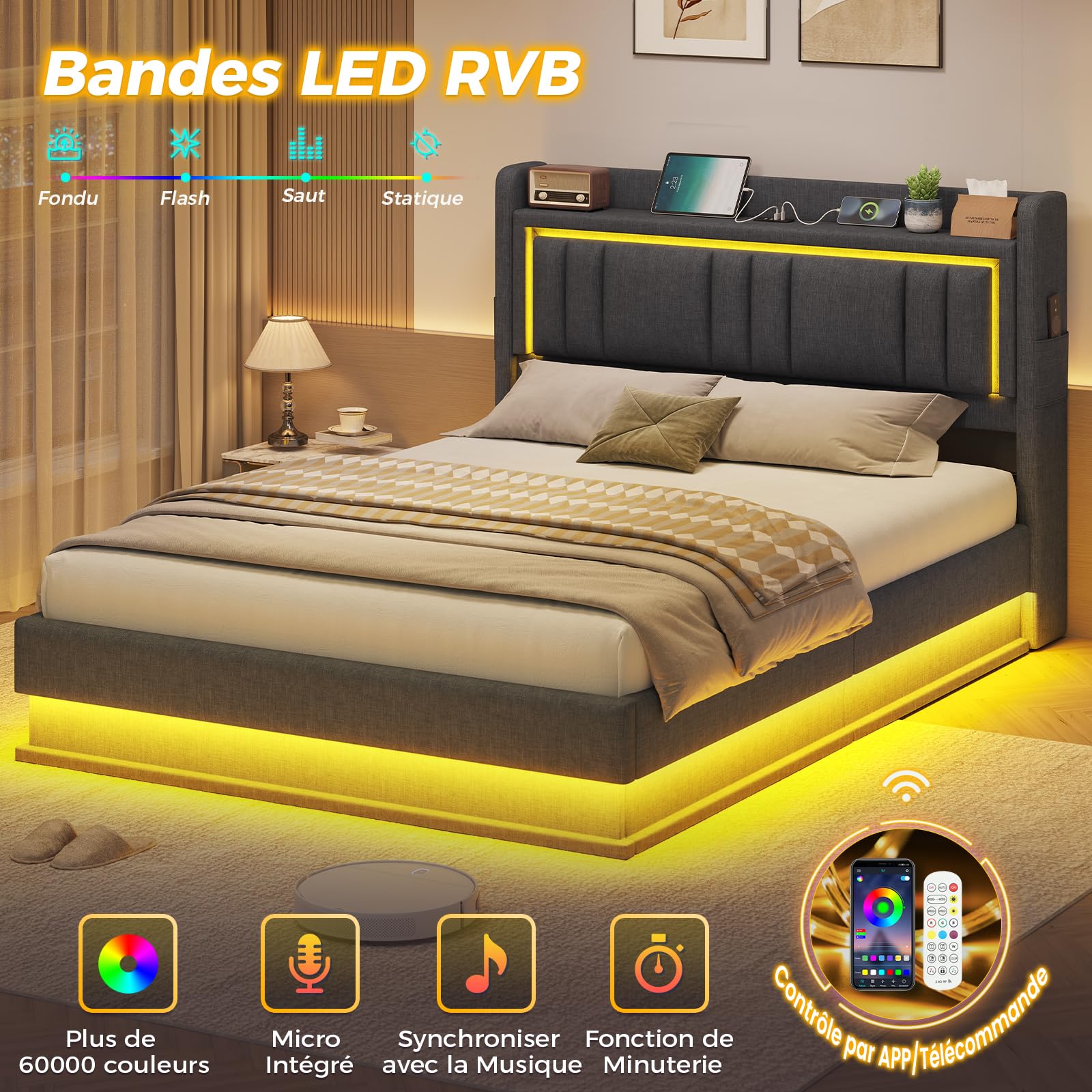 Lit Coffre 140x190 à LED, Lits Hydraulique avec Multiprise, Tête de Lit Capitonnée avec Étagère Ouvertes, Lits Double avec Rangement Spacieux, Lattes en Bois, Litss 140 x 190 avec Sommier, Lin Gris