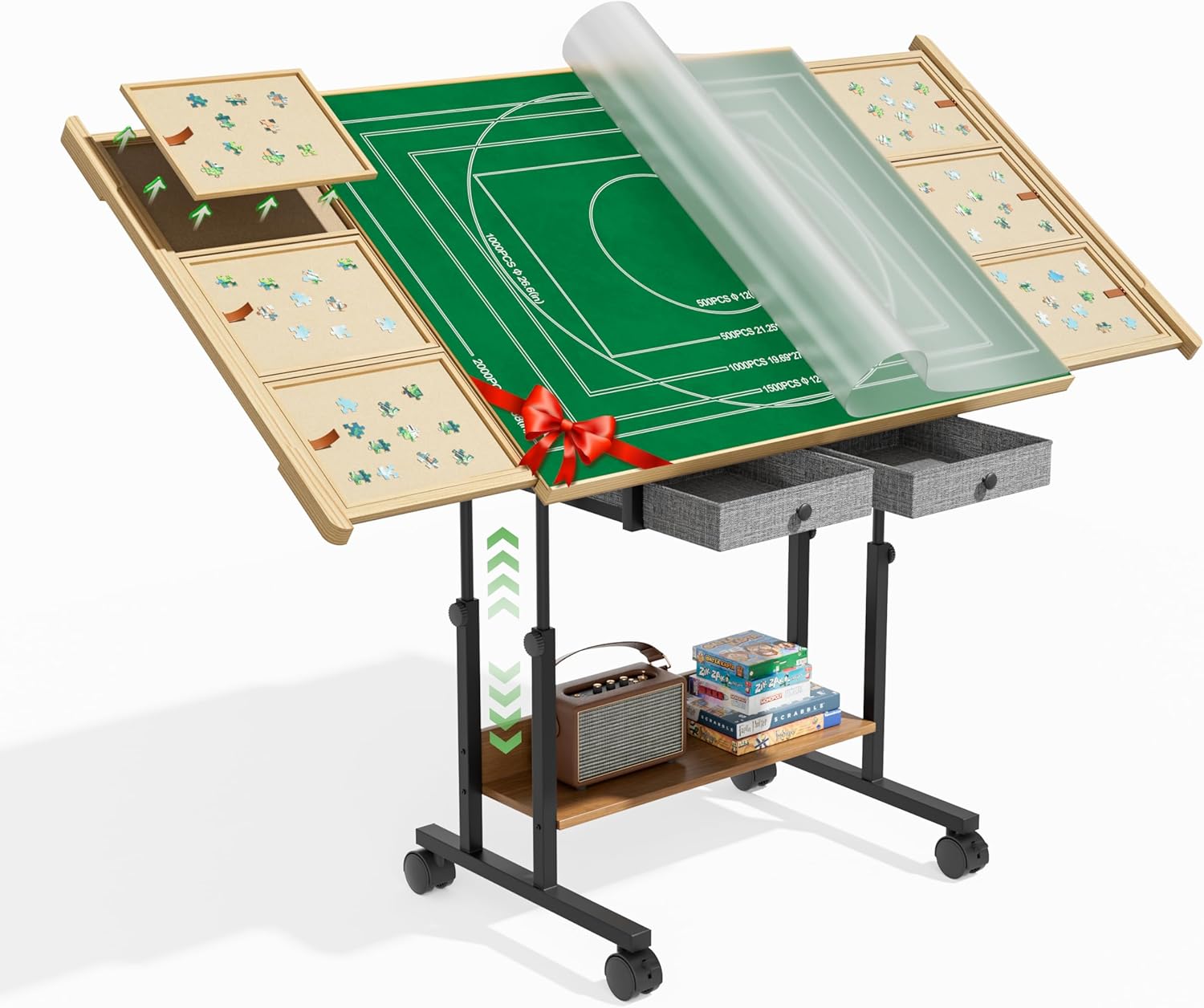 CODACE Puzzle Table with Drawers - 2000 Pieces Jigsaw Puzzles Table for Adults, Tilting Puzzle Board with 6 Sorting Trays and Cover, Tables with Adjustable Height Leg and Wheel, Puzzle Lover's Present