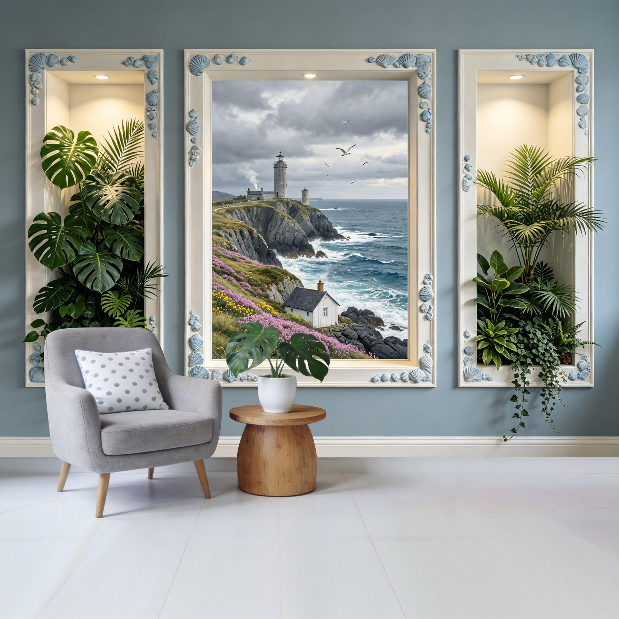 Custom Size Wall Mural Coastal Lighthouse Cliff Ocean View with Seaside Cottage and Wildflowers Removable Self Adhesive Fabric Home Wall Decor for Living Room Bedroom Bathroom