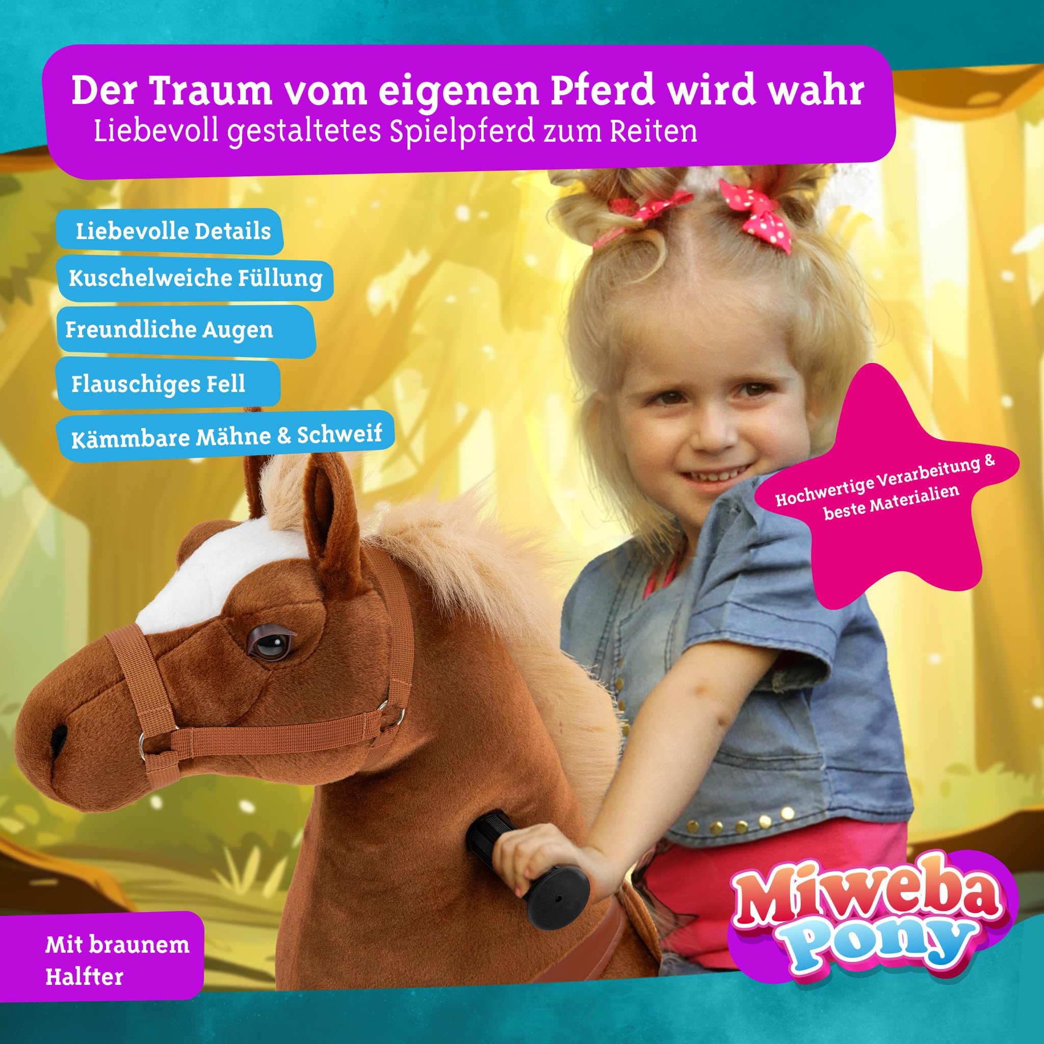 Miweba Pony Amadeus | Reitpferd auf Rollen - Pferd für Kinder - Schaukelpferd - Schaukeltier - Kuscheltier - Spielpferd zum Reiten - Plüschtier - Stofftier - Stehpferd - 4-8 Jahre (Medium)