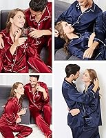 Vista 4 de SWOMOG Conjunto de pijama de seda a juego para parejas, con 2 bolsillos, manga larga, con botones, ropa de dormir