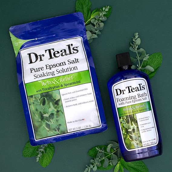 Dr Teal's Epsom Salt Soaking Solution and Foaming Bath with Pure Epsom Salt, Eucalyptus 3 Pound Bags, and 34 Ounce Bottle