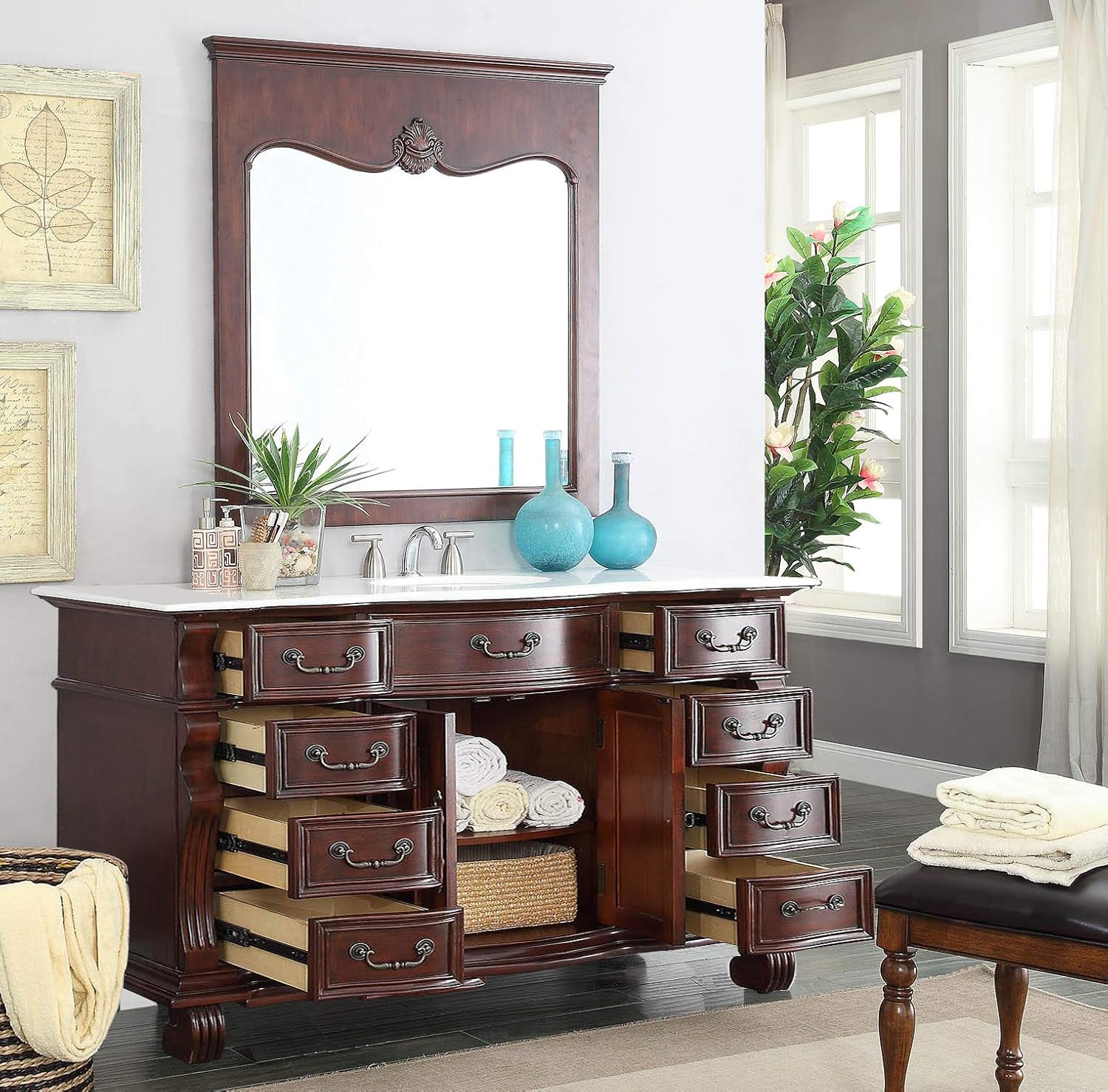 Chans Furniture 60" Large and Spacious Single Sink Bathroom Vanity Cabinet - Model DG-4437W-60 Hopkinton