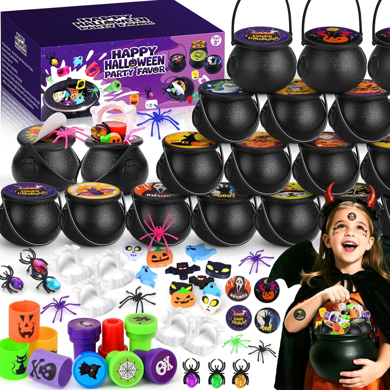576PCS Halloween Party Favors Bulk - Prefilled Mini Plastic Witch Cauldrons with Spooky Goodies | Halloween Treats for Kids, Trick-or-Treat Gifts, Classroom Prizes