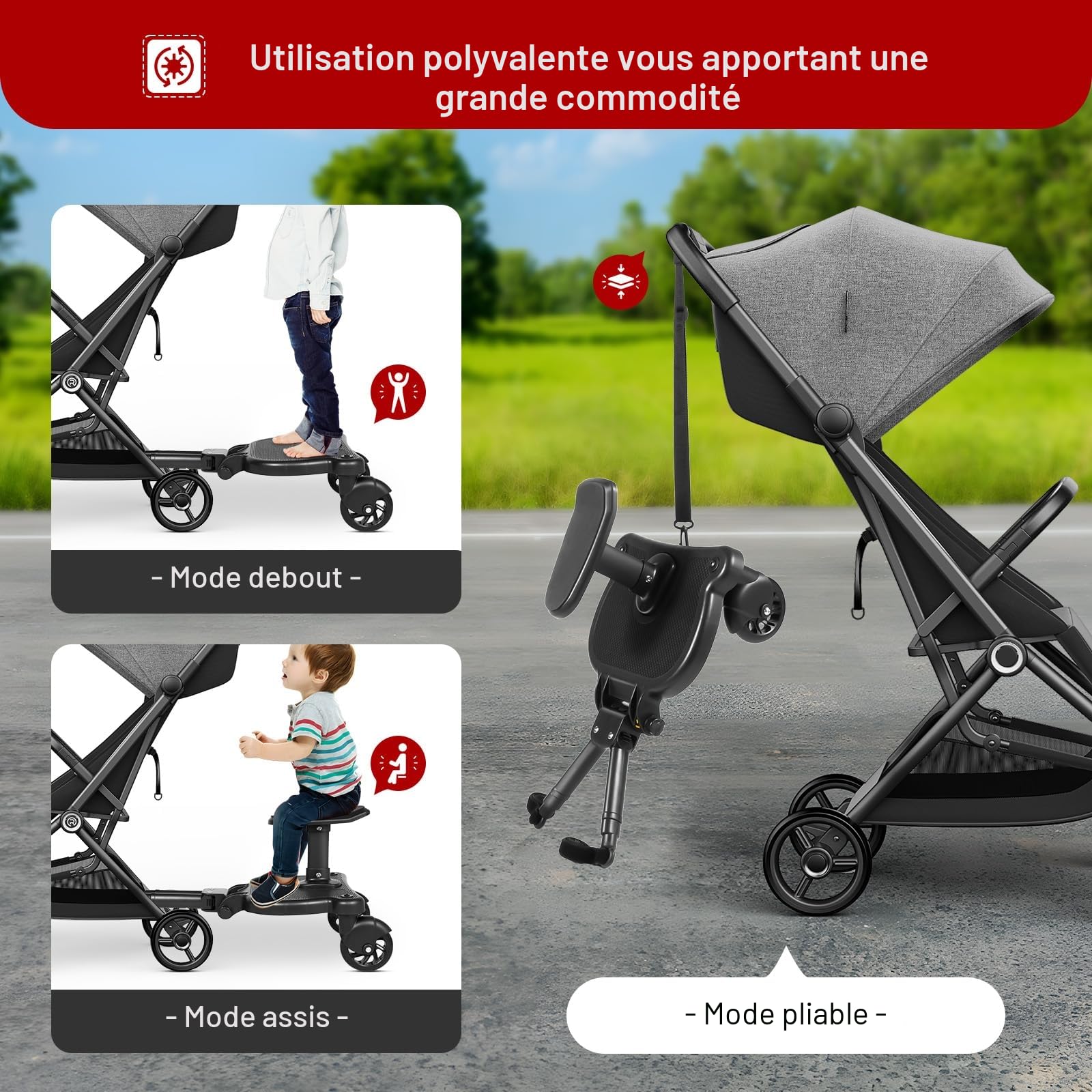 Planche Poussette Universelle avec Siège Amovible, Charge 25kg, Noir