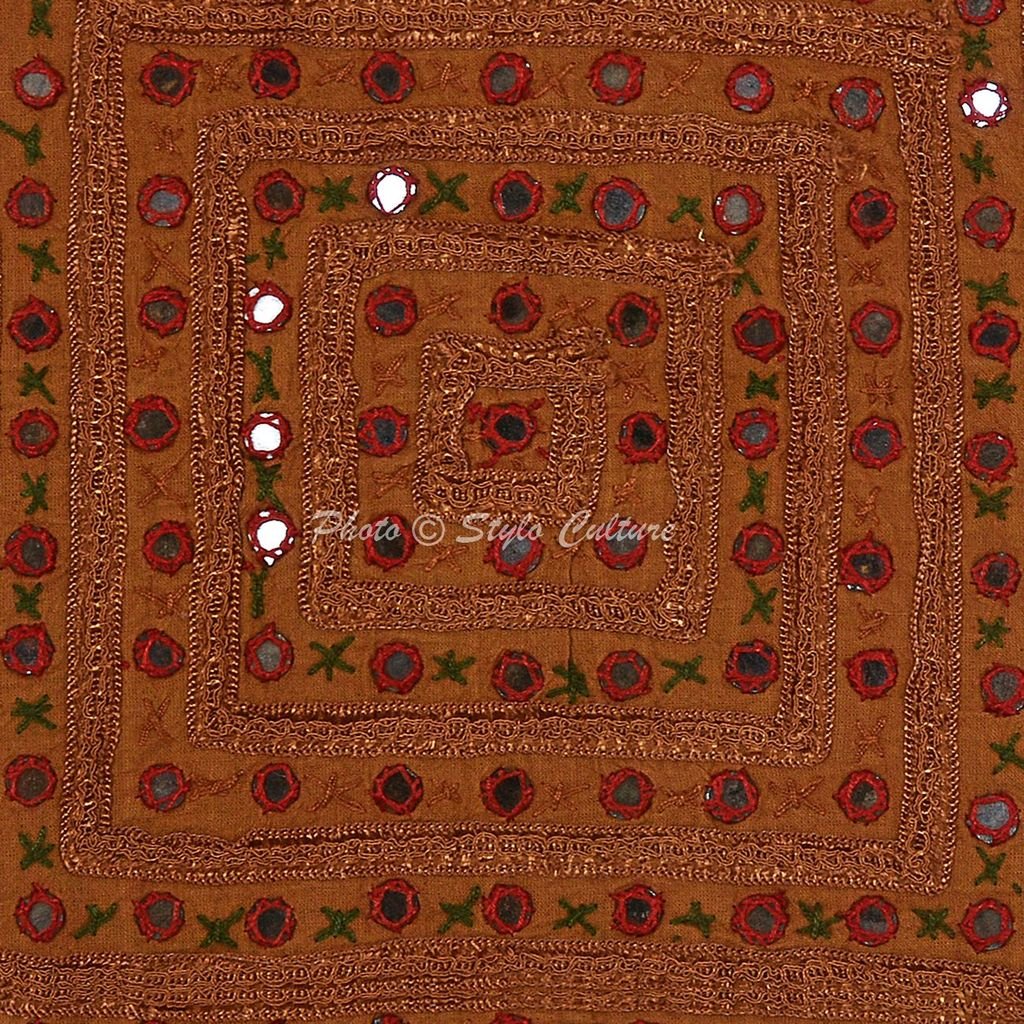 Handmade Indian Cotton Geometric Red Pillow Covers – 16x16" Embroidered Mirror Lace Set Of 2
