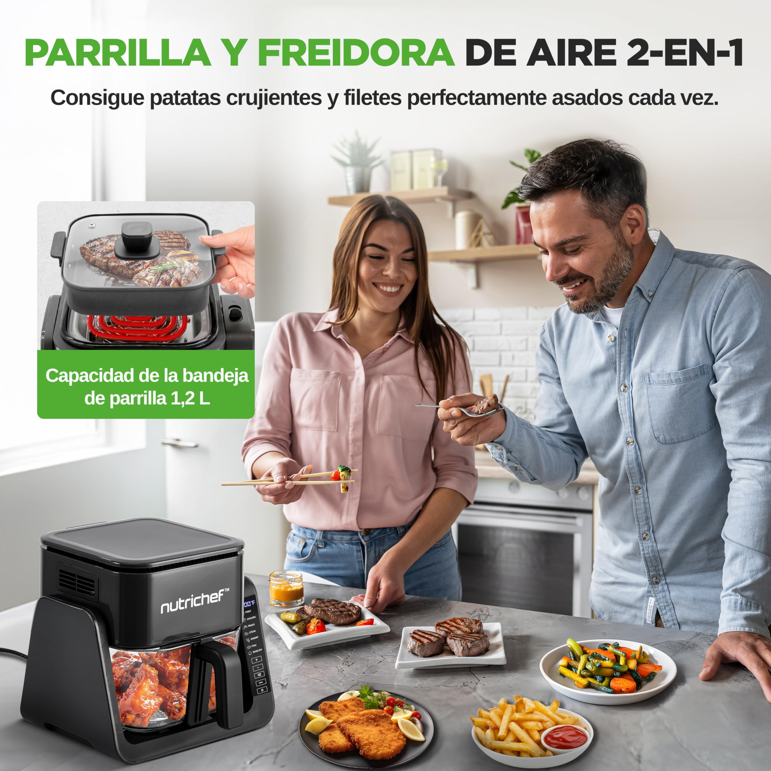 Nutrichef freidora de aire de 3.8L y grill de 1L, 7 modos de coccion preestablecidos, Tazon transparente