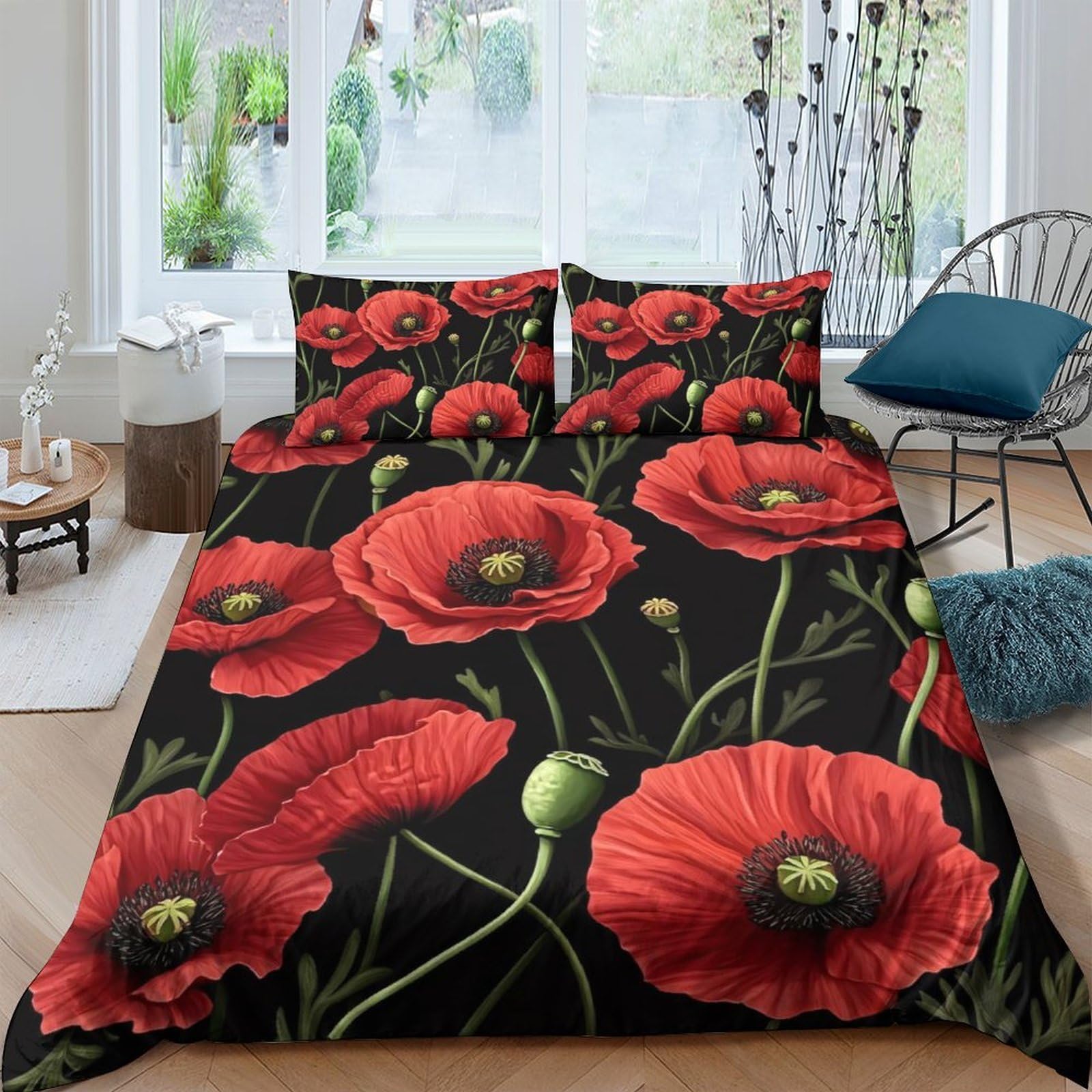 Ctjqhvkz Style-1 3D Printed Red Poppy Fitted Sheet Microfiber Floral Mattress Cover For Bedroom Guest Room Dorm Decor Easy Care Single（135X200cm）