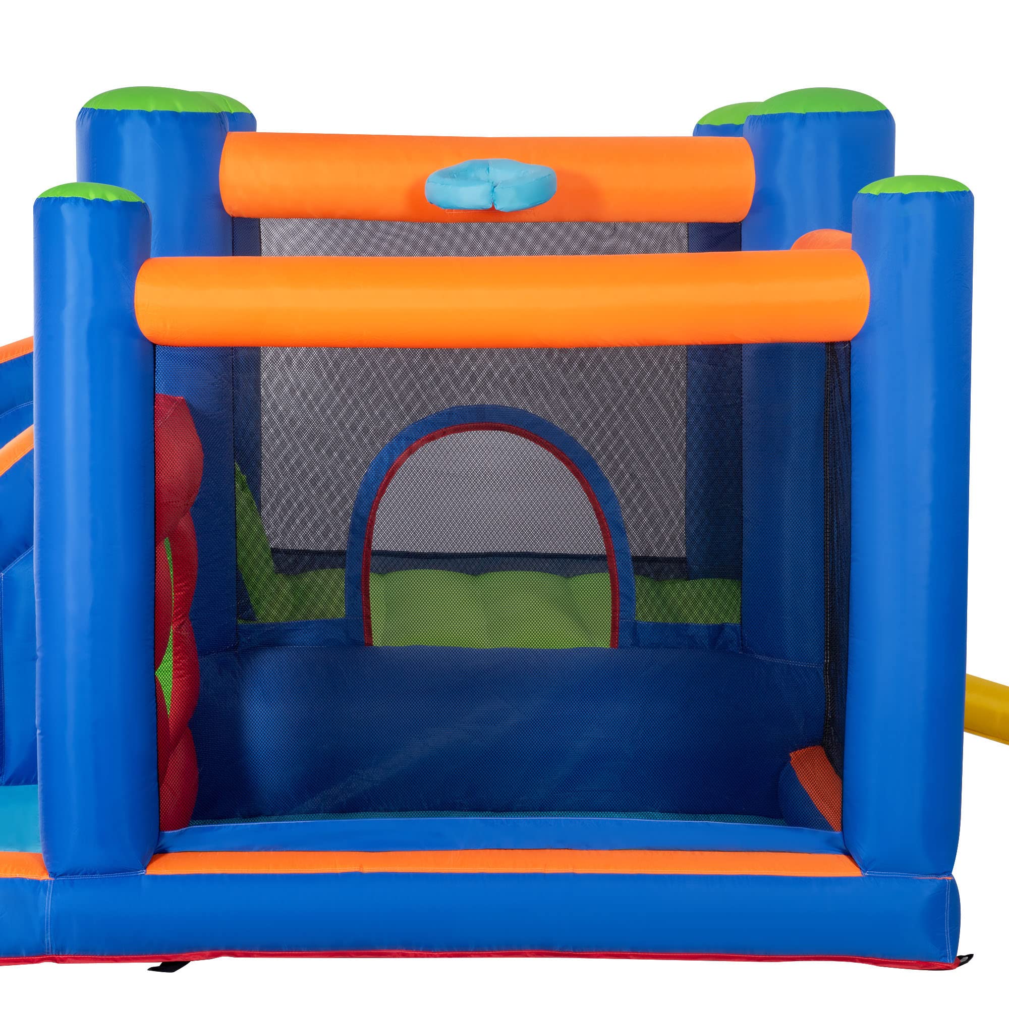 Outsunny Château Gonflable Aire de Jeux jusqu'à 3 Enfants 3-8 Ans avec Toboggan Trampoline piscines souffleur 450W et Sac de Transport Aquatique 380L x 340l x 170H cm - Multicolore