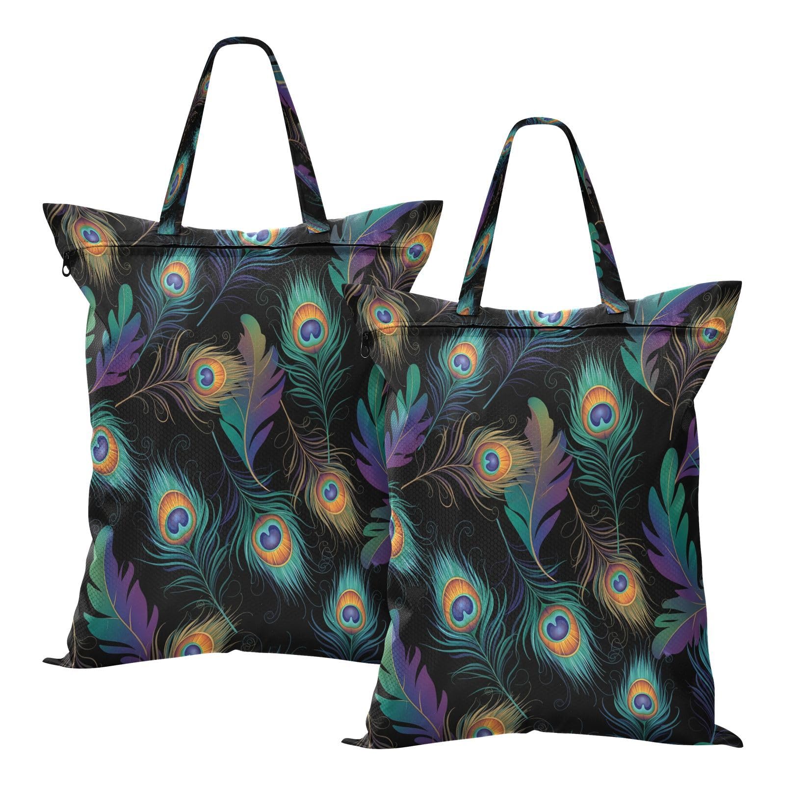 BURSTDDY 2 Pcs Travel Laundry Bag,Peacock Feathers Dirty Clothes Organizer Waterproof Wet Dry Laundry Bags with Handle for Beach,Camping,Swimming,Gym