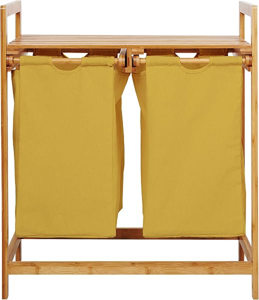 Lumaland Cesto per il bucato in bambù con 2 sacchi per il bucato estensibili | Dimensioni circa 73 cm di altezza x 64 cm di larghezza x 33 cm di profondità [Giallo] - 2