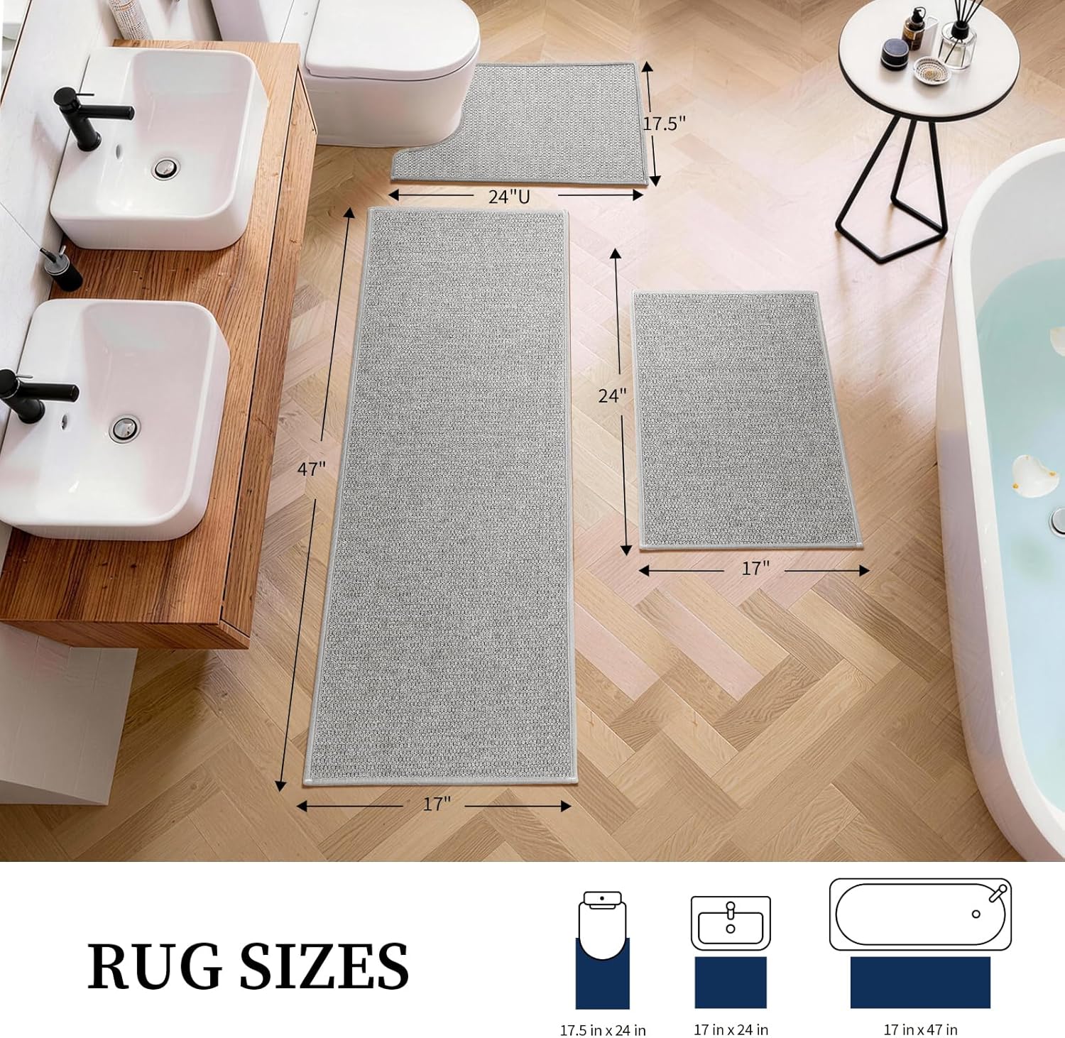 YIHOUSE Gray Bathroom Rugs Sets 3 Piece, Quick Dry Thin Bath Mat with Toilet Rug, Non Slip Absorbent Machine Washable, Bath Runner Rugs for Bathtub Sink Home Decor - Image 2