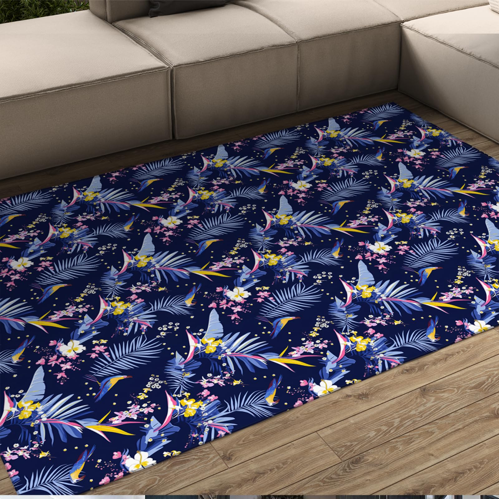 Tapis rectangulaire Bleu Vintage Retro Oriental Design Fleurs rustiques Tapis antidérapant en Caoutchouc Support pour Le Bureau à Domicile 60x90cm