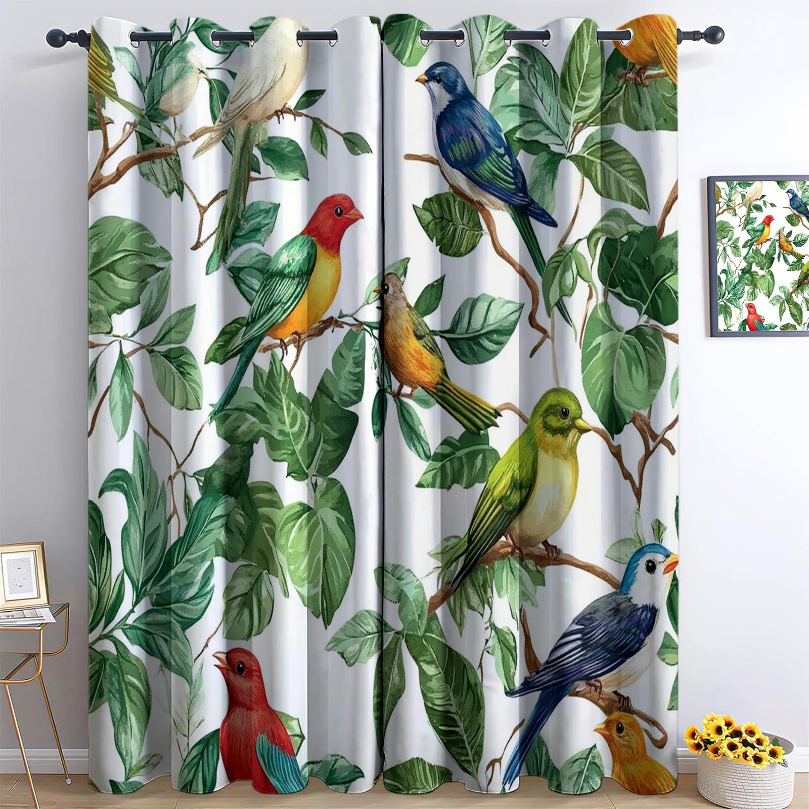 Rideaux Opaques 70L X 240H cm (2 Panneaux) Doux et Esthétiques, Design Oiseaux Tropicaux Rétro, Tenture Isolante Anti-Chaleur pour Décoration Maison et Salon, Coloré