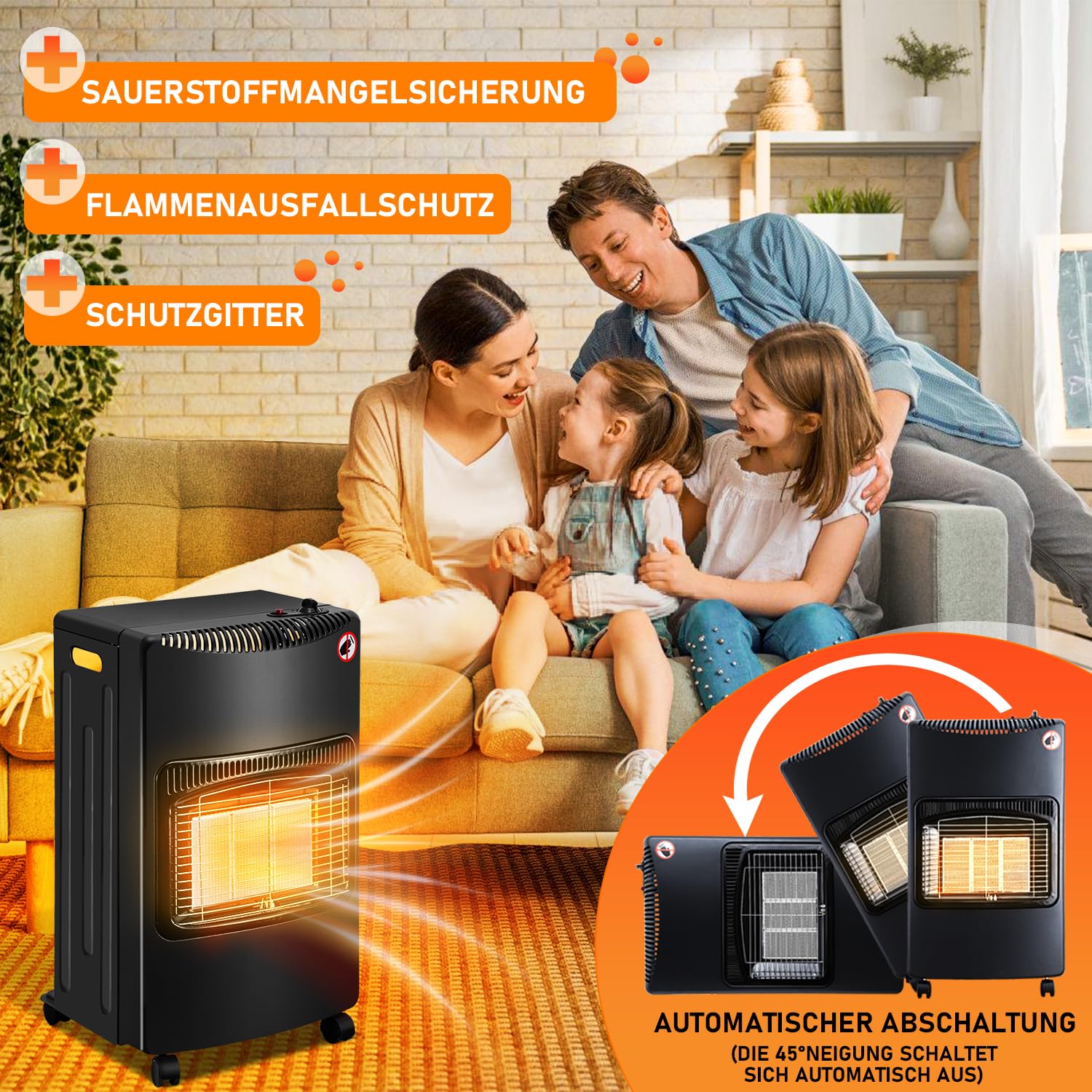 Gasheizofen, Gasheizer, 1400-4200 Watt Gasofen 3 Stufen einstellbar Gasheizgerät, Heizstrahler mit Gasdruckregler und Gasschlauch, Gasflaschen bis 10 Kg (Schwarz)