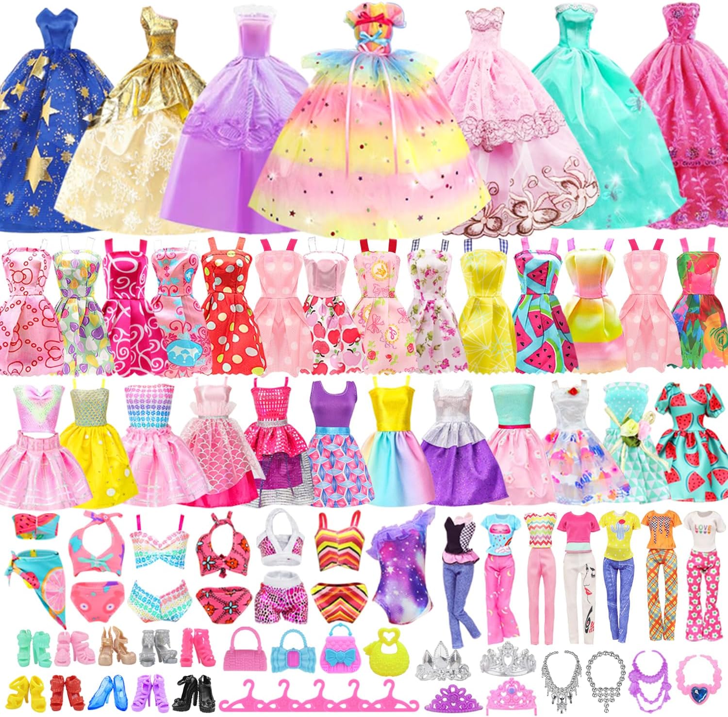 K.T. Fancy 100 Pcs Doll Clothes and Accessories 5 Wedding Gowns 10 Camisole Dress 2 Fashion Dresses 2 Tops 2 Pants 2 Bikini Swimsuits 10 Shoes 40 Hangers 17 Accessories for 11.5 inch Doll