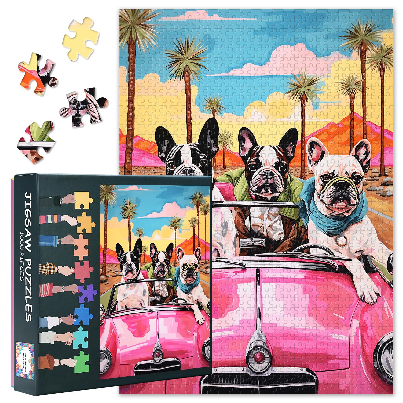 1000 Pieces French Bulldogs Jigsaw Puzzles for Adults - Funny Challenging Bulldogs in a Convertible Car Puzzles for Adults French Bulldog Puzzle Art for Family House Decor Artwork 27.5"X19.7"