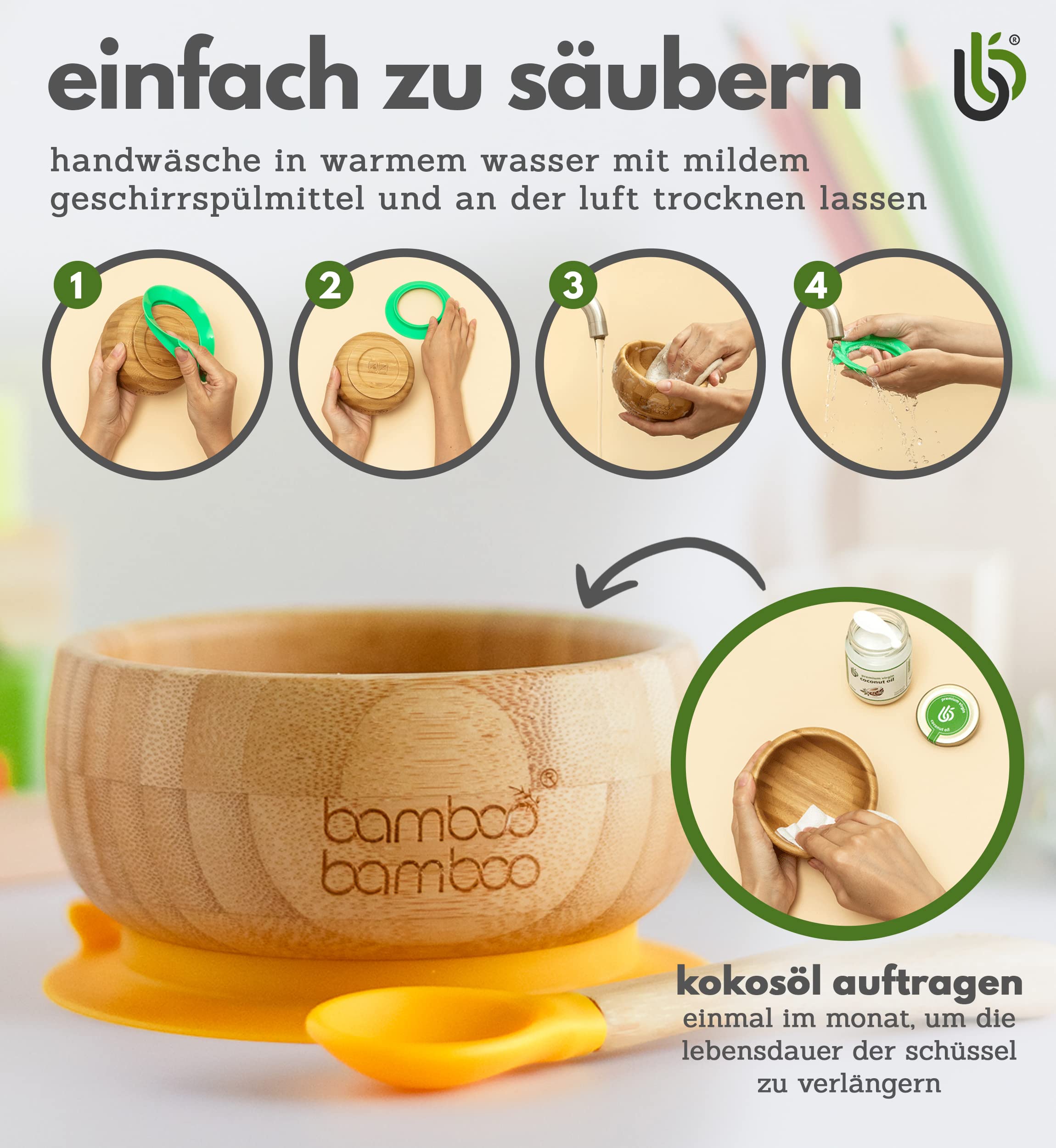 Bamboo Baby Schüssel und Löffel - Schalen zum Abstillen, Teller ab 6 Monaten (Gelb)