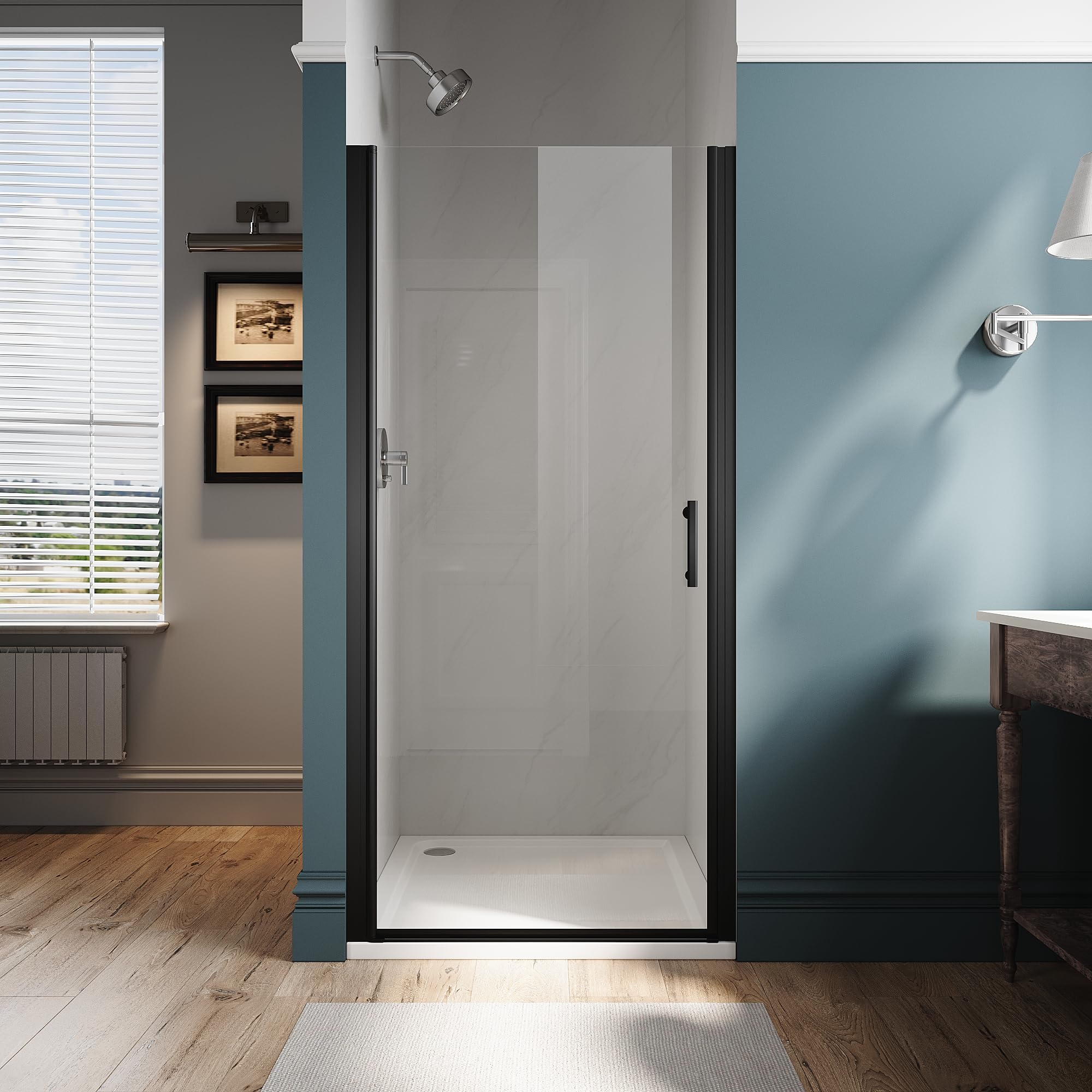 Pivot Shower Door, 28" W x 72" H, 1/4" Tempered Glass Shower Door, Pivot Swing Shower Glass Door, Black