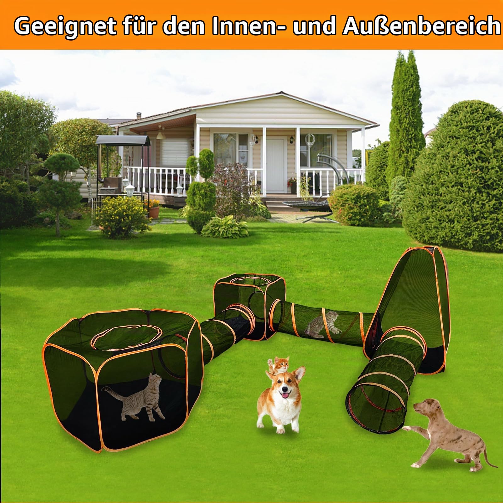 Keyzone Outdoor-Katzengehege für Indoor-Katzen, 6-in-1 tragbares Katzenspielhaus (Outdoor-Katzenzelt und runder Katzentunnel) für Katzen und Kleintiere, Indoor-Laufstall mit Tragetasche (6-in-1-Set)