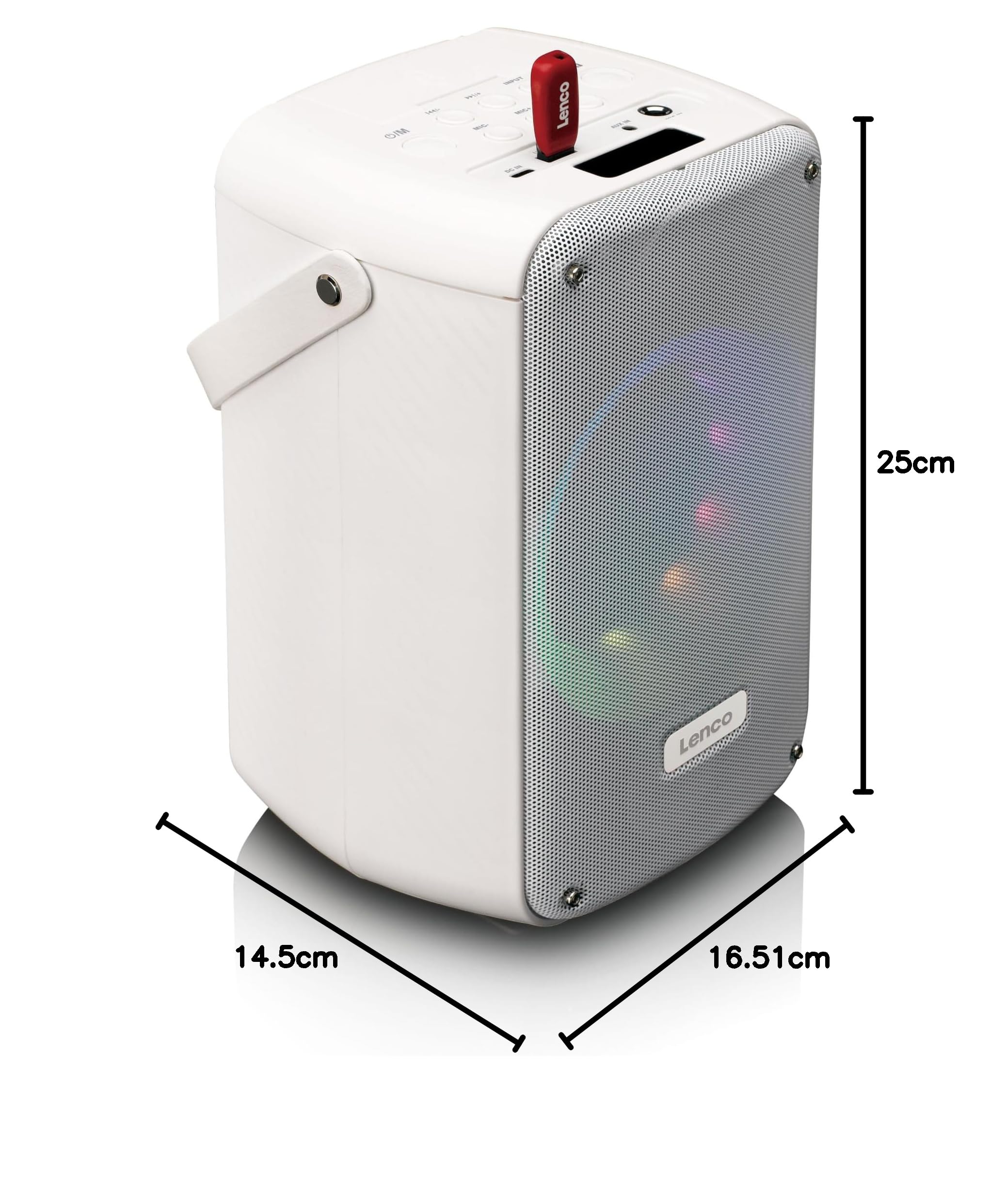 Lenco BTC-060 przenośna maszyna do karaoke, Bluetooth 5,2 – 20 W, RMS – 2 głośniki – mikrofon – pilot zdalnego sterowania – wbudowany akumulator – efekty świetlne – kolor biały