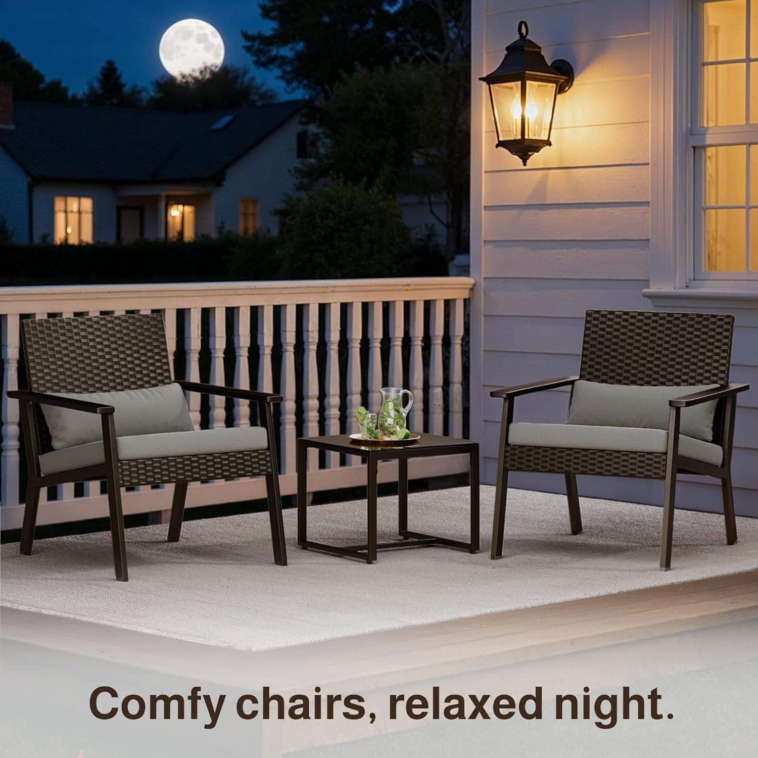 Ahomly 3-Piece Wicker Small Outdoor Patio Furniture Set with Glass Table for Balcony, Porch, and Garden (Gray)