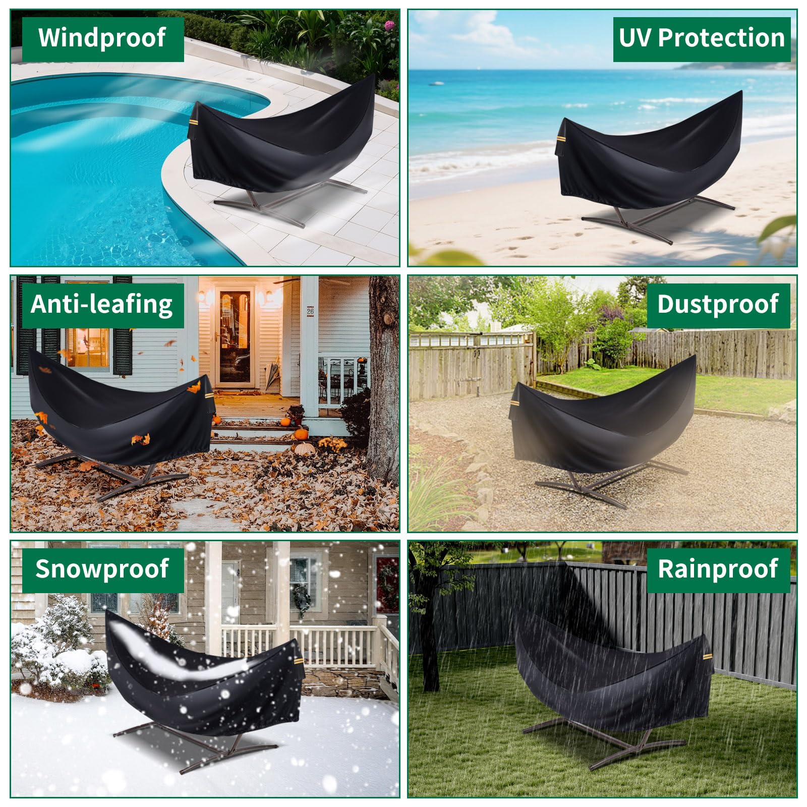 Housse de hamac imperméable et durable 420D pour support de hamac de 3,7 m, coupe-vent, 3 boucles et 1 cordon élastique, aération aérée, poignée réfléchissante, protection contre les intempéries